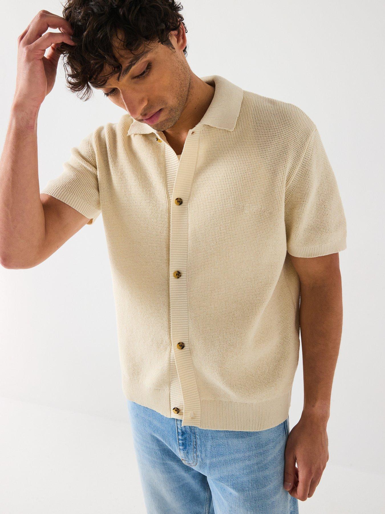 Image 1 of 6 of Tommy Jeans 90S Script Button Thru Short Knitted Sleeve Polo Shirt - Beige