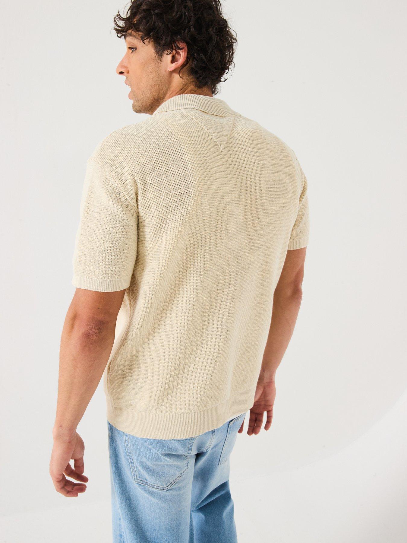 Image 2 of 6 of Tommy Jeans 90S Script Button Thru Short Knitted Sleeve Polo Shirt - Beige