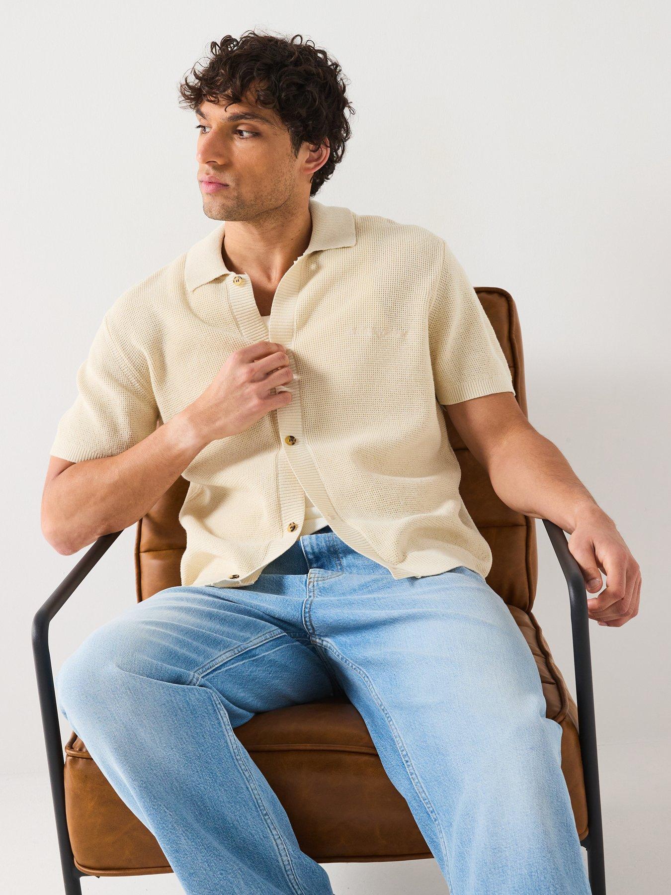 Image 4 of 6 of Tommy Jeans 90S Script Button Thru Short Knitted Sleeve Polo Shirt - Beige