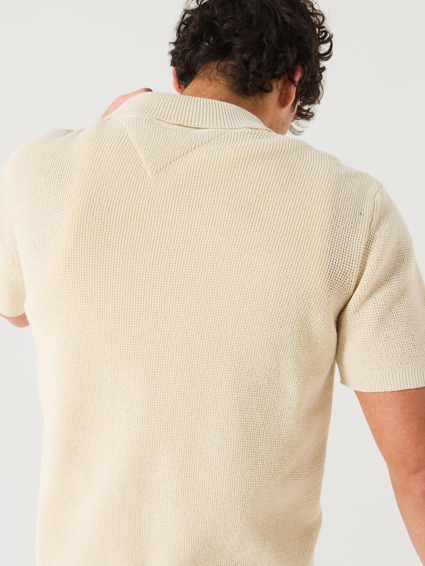 Image 5 of 6 of Tommy Jeans 90S Script Button Thru Short Knitted Sleeve Polo Shirt - Beige