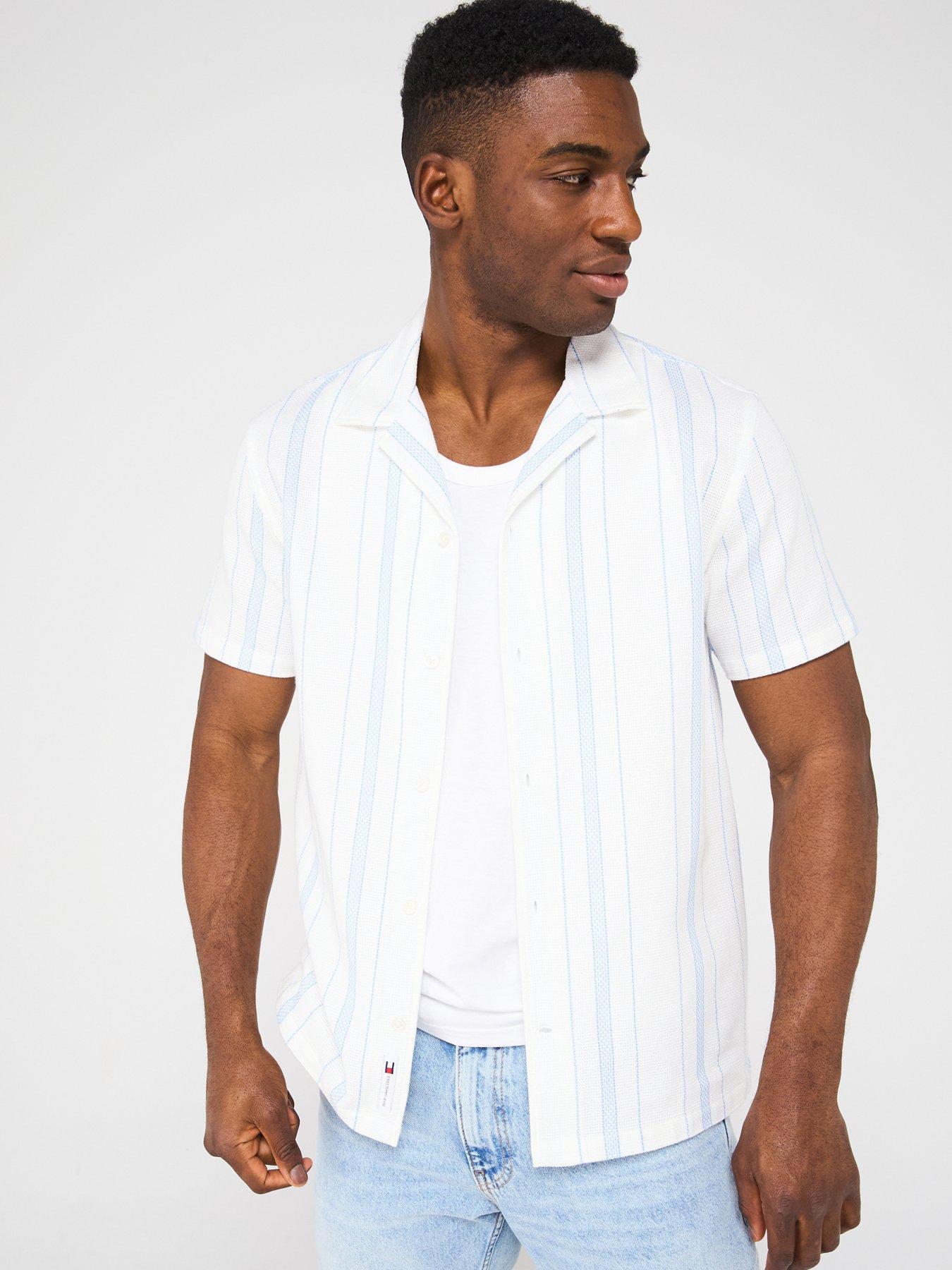 undefined Textured Stripe Regular Fit Camp Short Sleeve Shirt - Light Beige