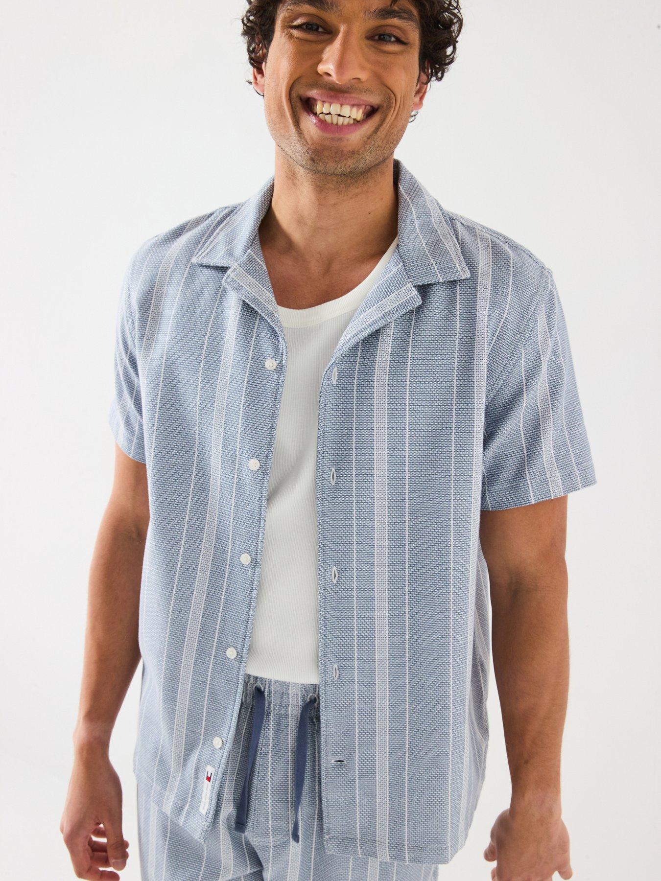 undefined Textured Striep Regular Fit Camp Short Sleeve Shirt - Blue