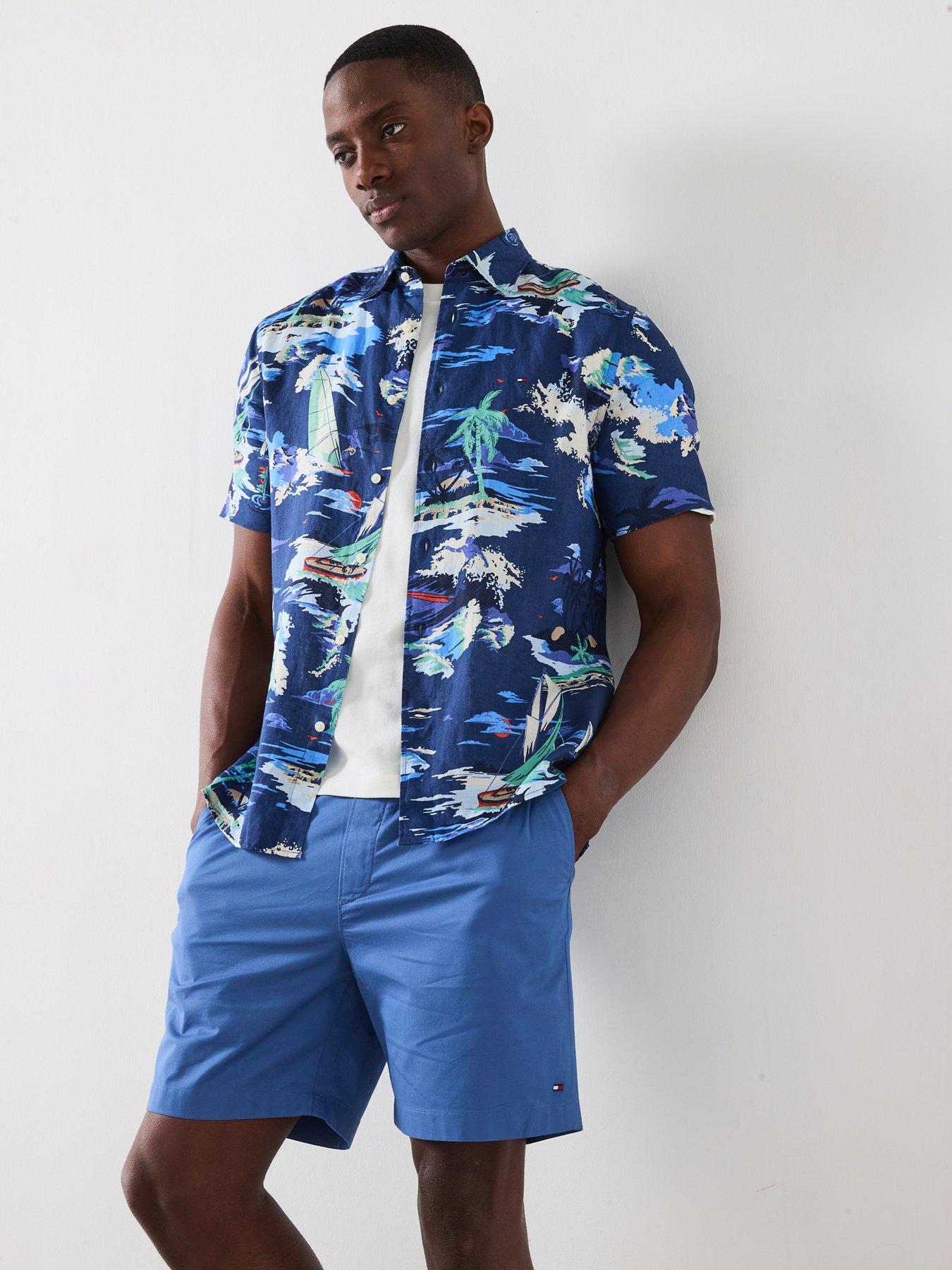 undefined Linen Vacation Print Short Sleeve Regular Fit Shirt - Navy
