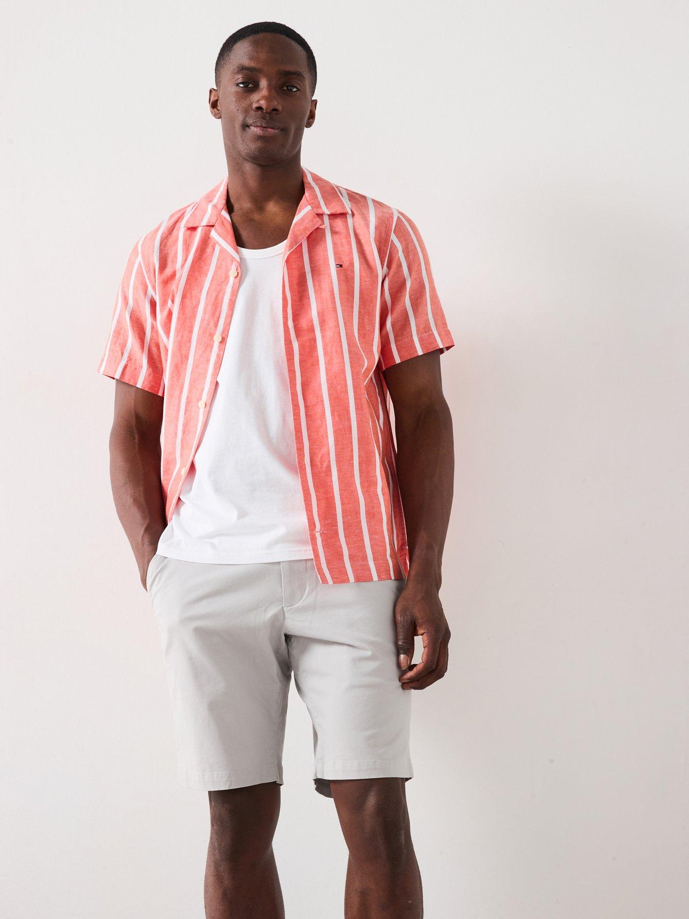 Tommy Hilfiger Linen Blend Striped Short Sleeve Regular Fit Shirt - Orange