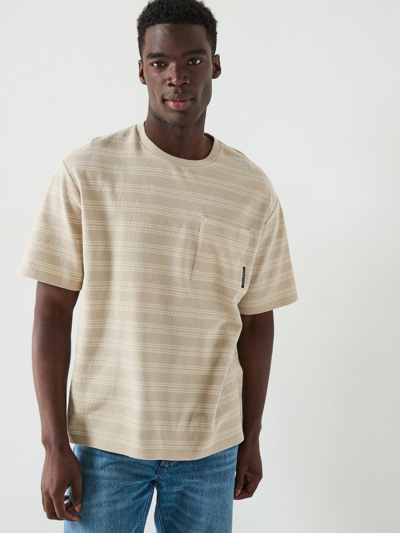 Calvin Klein Jeans Short Sleeve Stripe Jacquard Relaxed Fit Pocket T-Shirt - Beige
