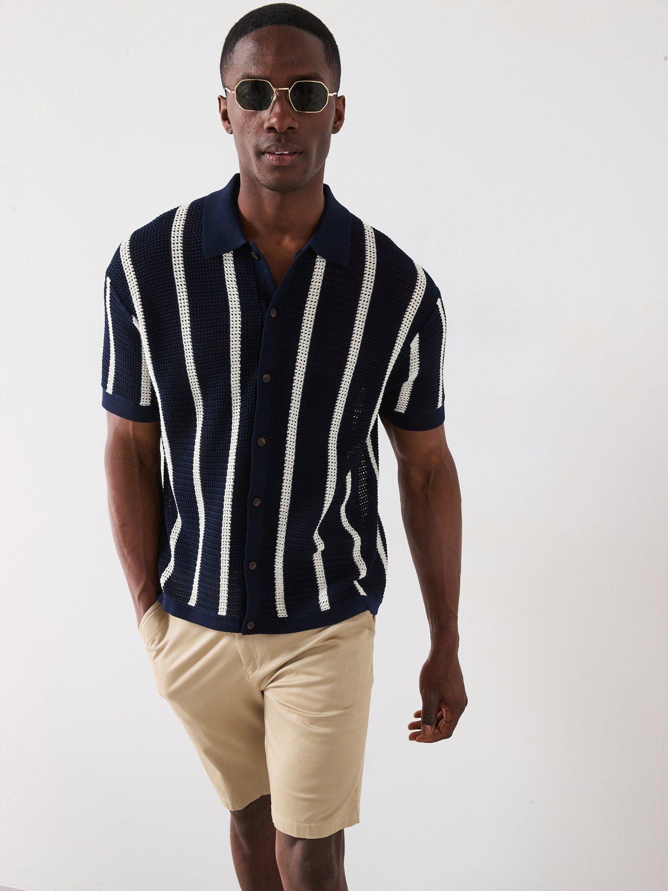 Tommy Hilfiger Vertical Stripe Knitted Short Sleeve Shirt - Navy