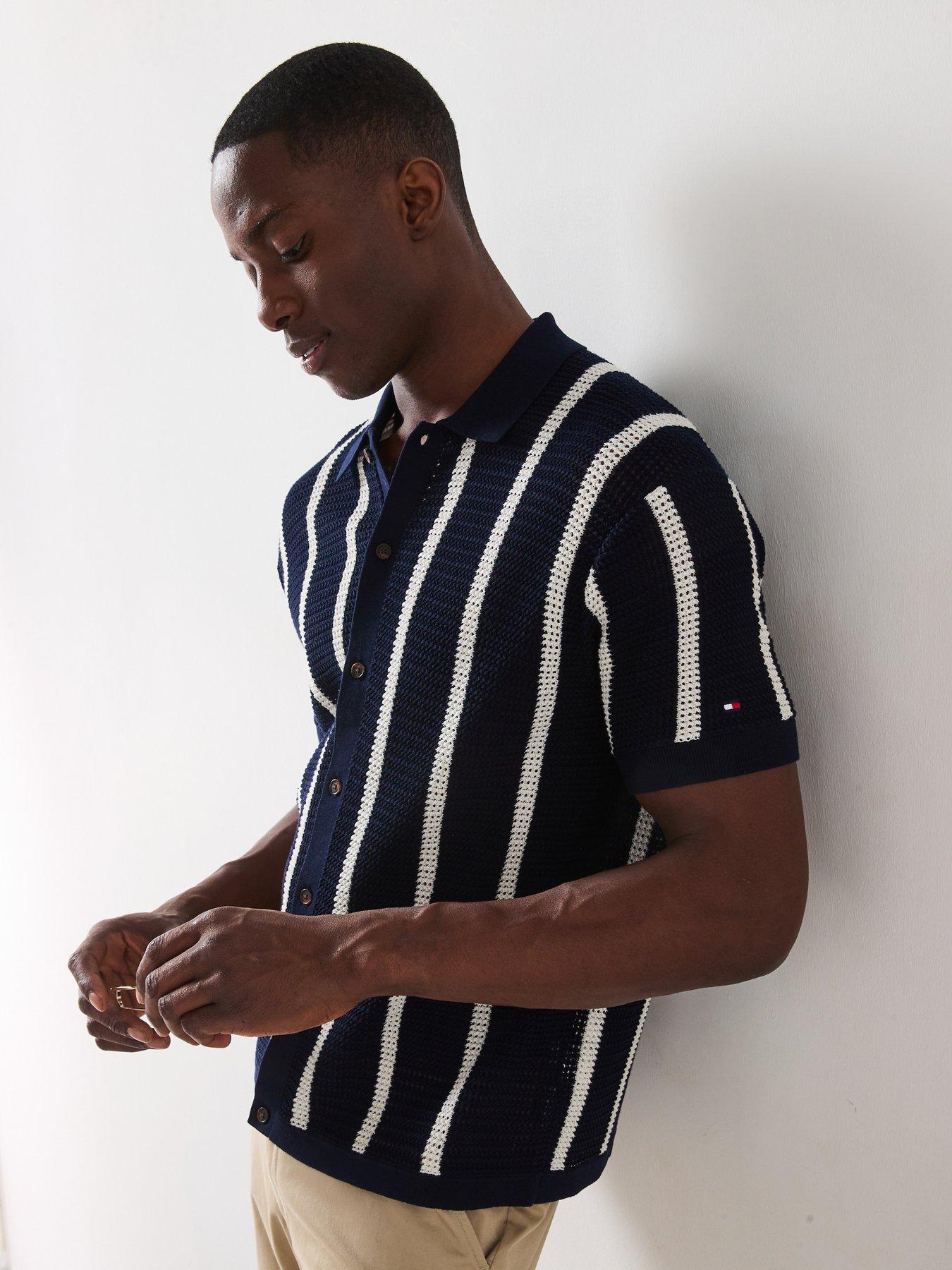 Image 4 of 6 of Tommy Hilfiger Vertical Stripe Knitted Short Sleeve Shirt - Navy