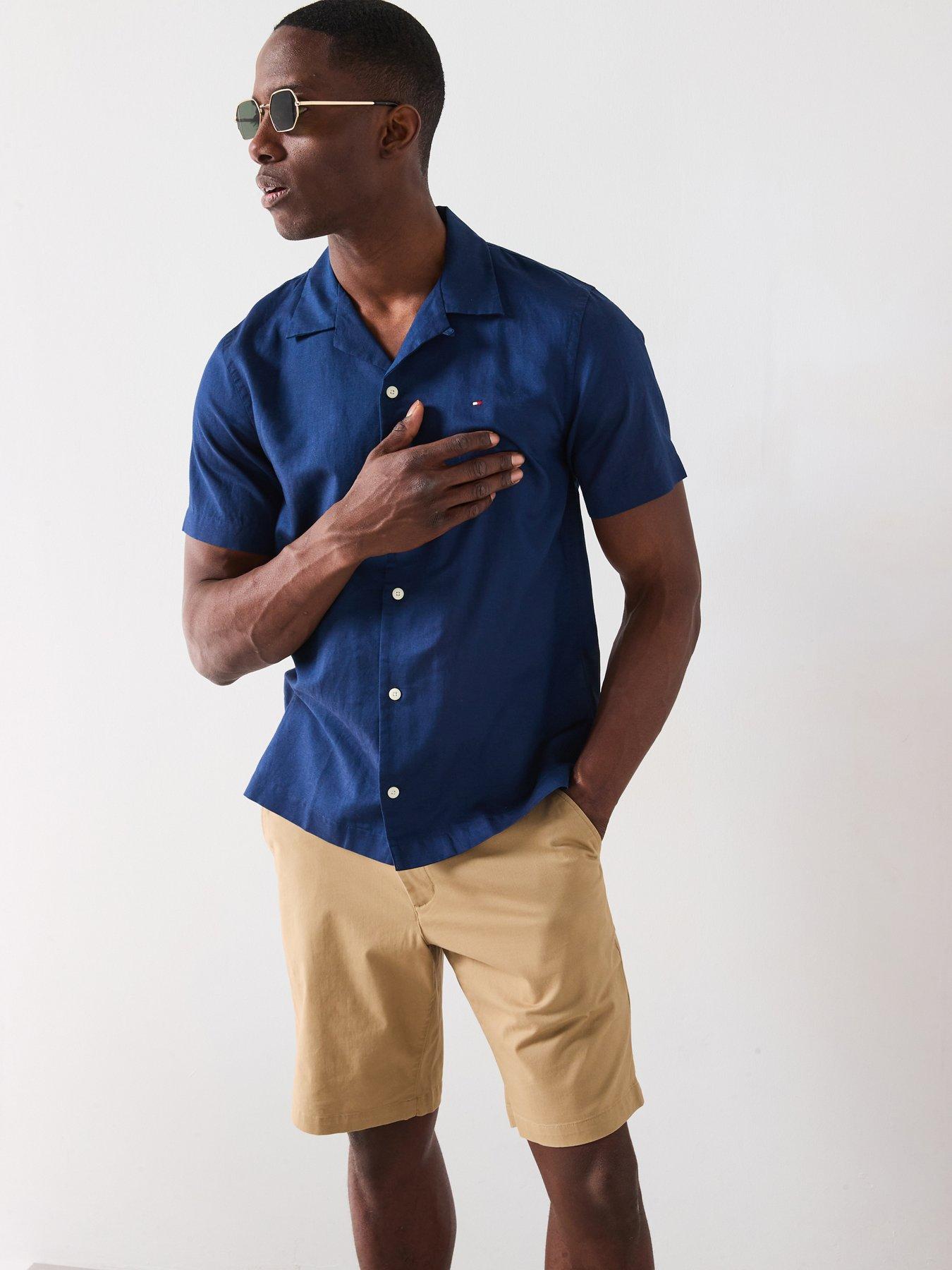 Tommy Hilfiger Linen Blend Short Sleeve Regular Fit Revere Shirt - Navy