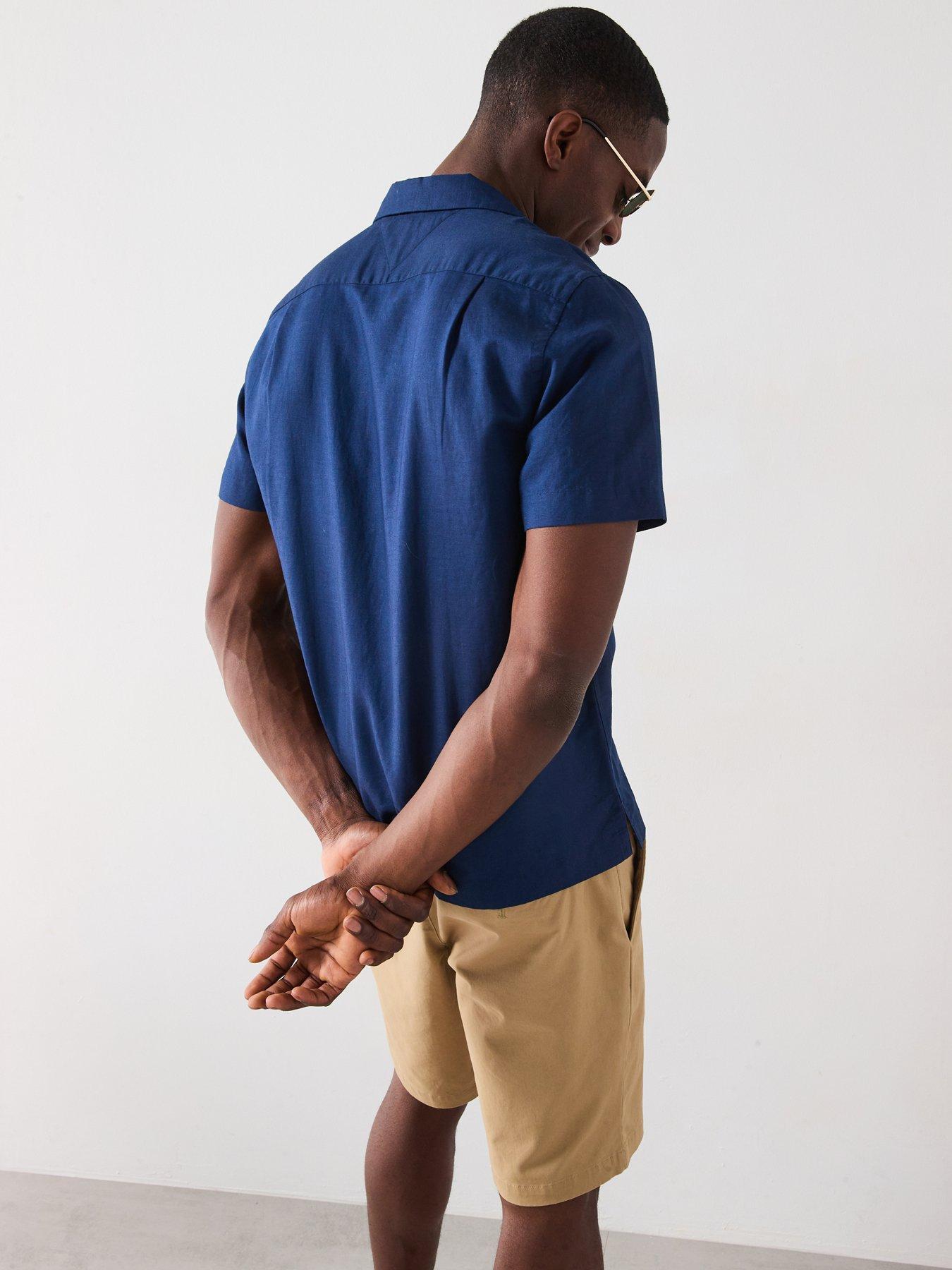 Image 2 of 6 of Tommy Hilfiger Linen Blend Short Sleeve Regular Fit Revere Shirt - Navy