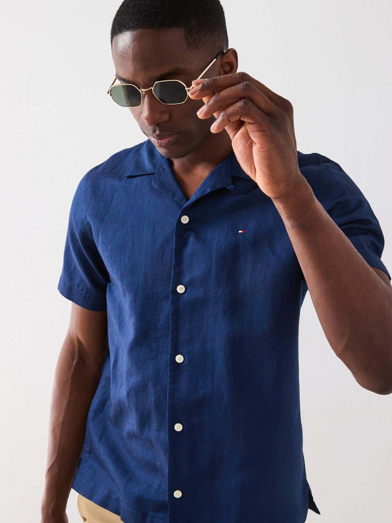 Image 5 of 6 of Tommy Hilfiger Linen Blend Short Sleeve Regular Fit Revere Shirt - Navy