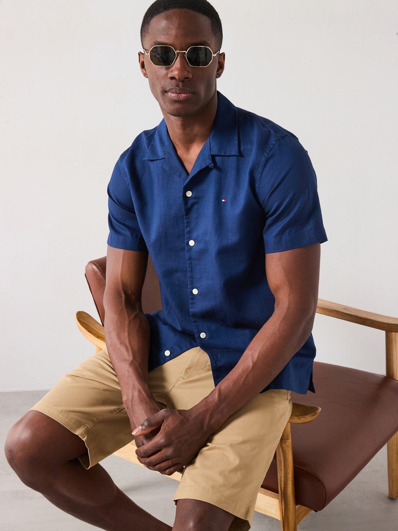 Image 6 of 6 of Tommy Hilfiger Linen Blend Short Sleeve Regular Fit Revere Shirt - Navy