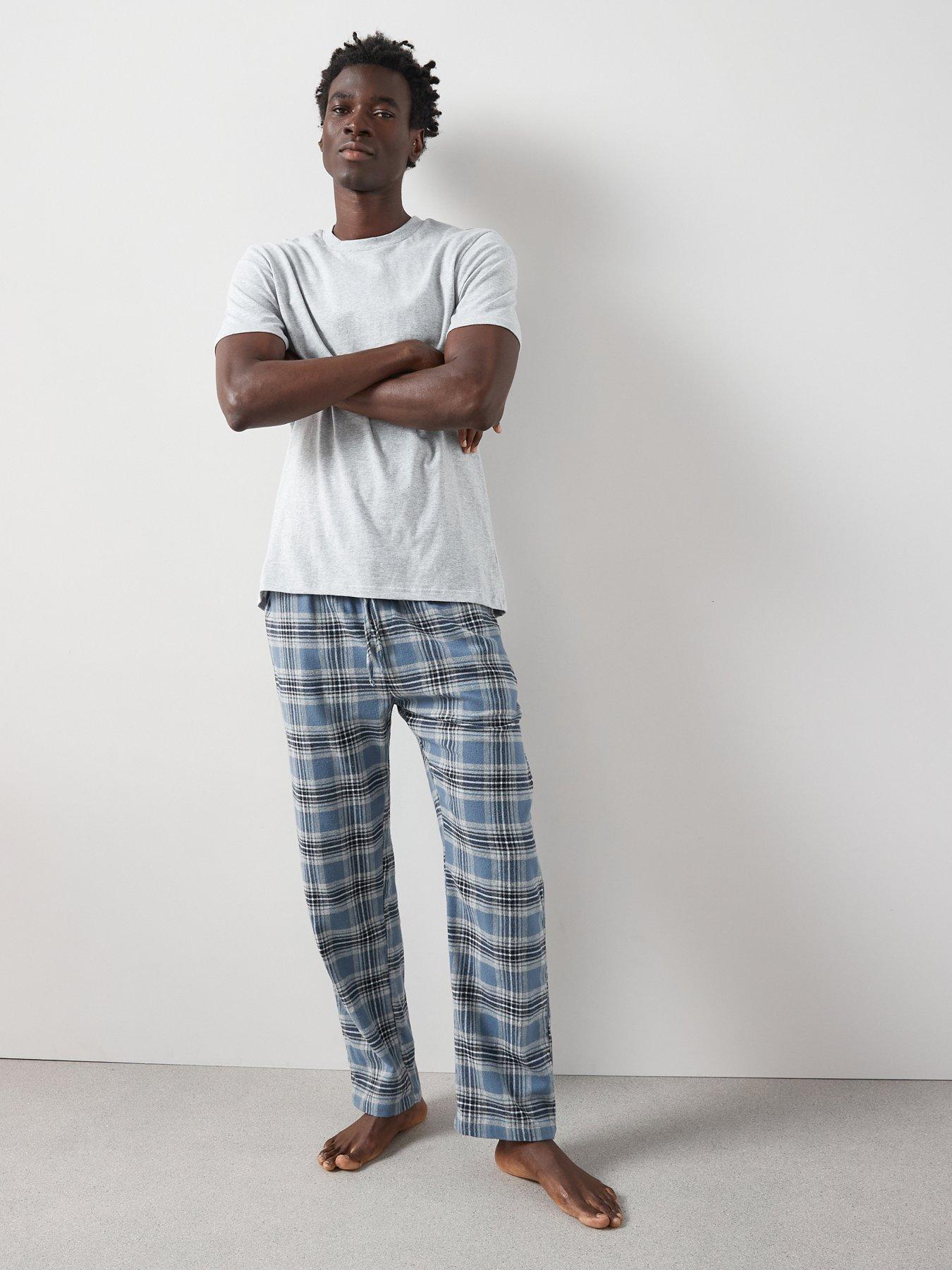 undefined Pure Cotton Checked Trouser Pyjama Set - Navy/Grey Marl