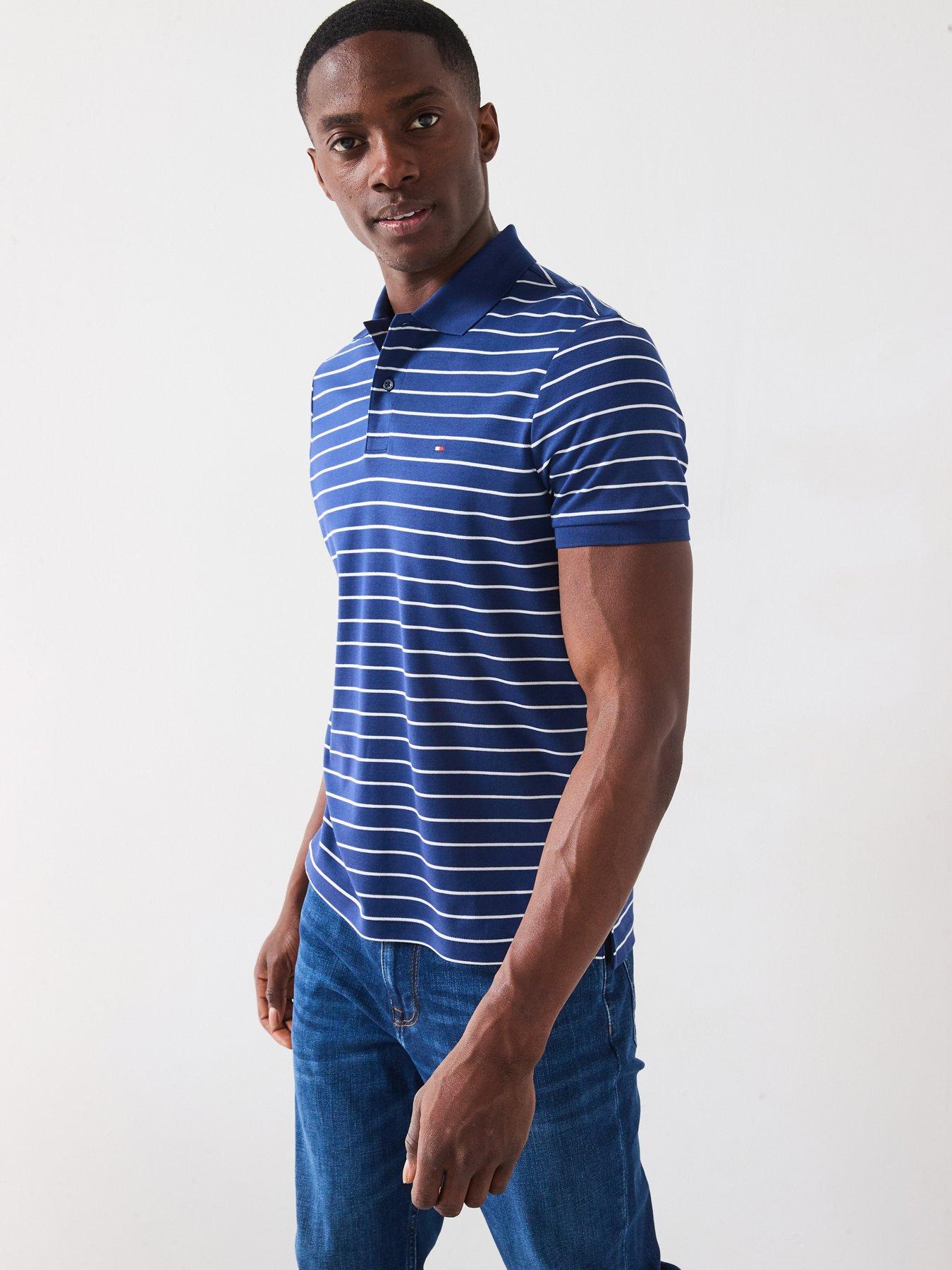 Image 1 of 6 of Tommy Hilfiger Liquid Cotton Regular Fit Striped Polo Shirt - Navy