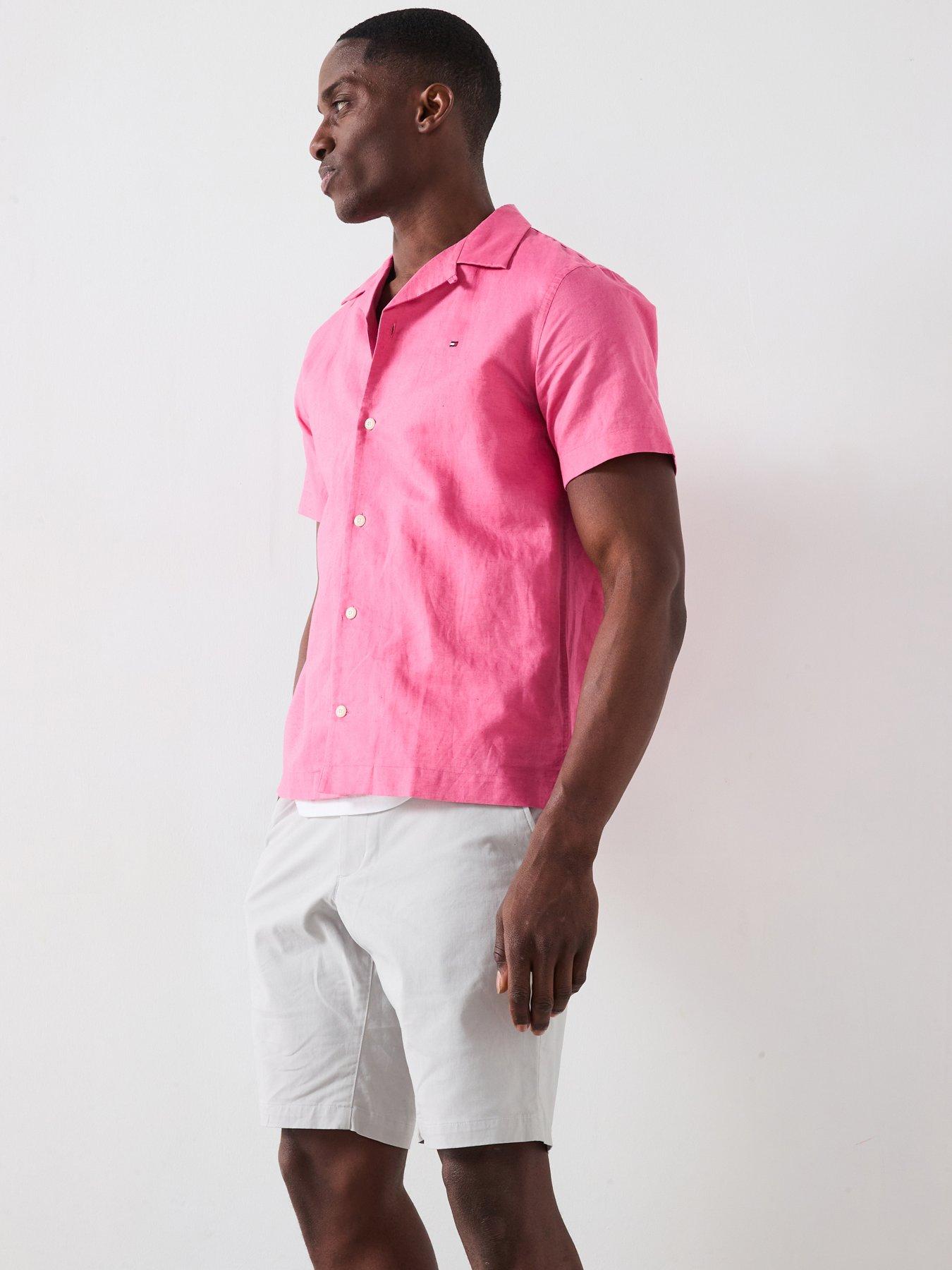 Tommy Hilfiger Linen Blend Short Sleeve Regular Fit Revere Shirt - Pink