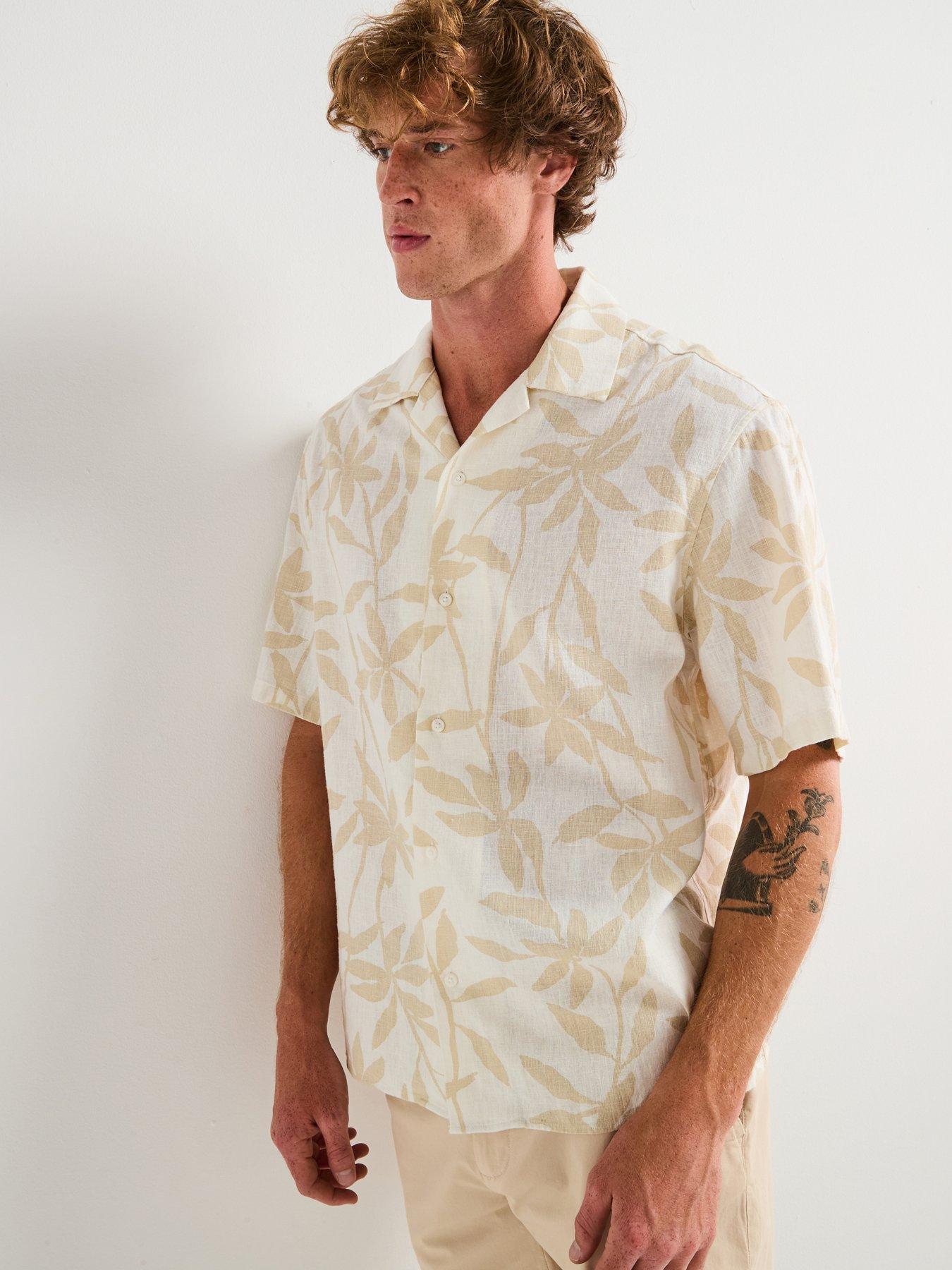 undefined Revere Collar Printed Linen Short Sleeve Shirt - Light Beige