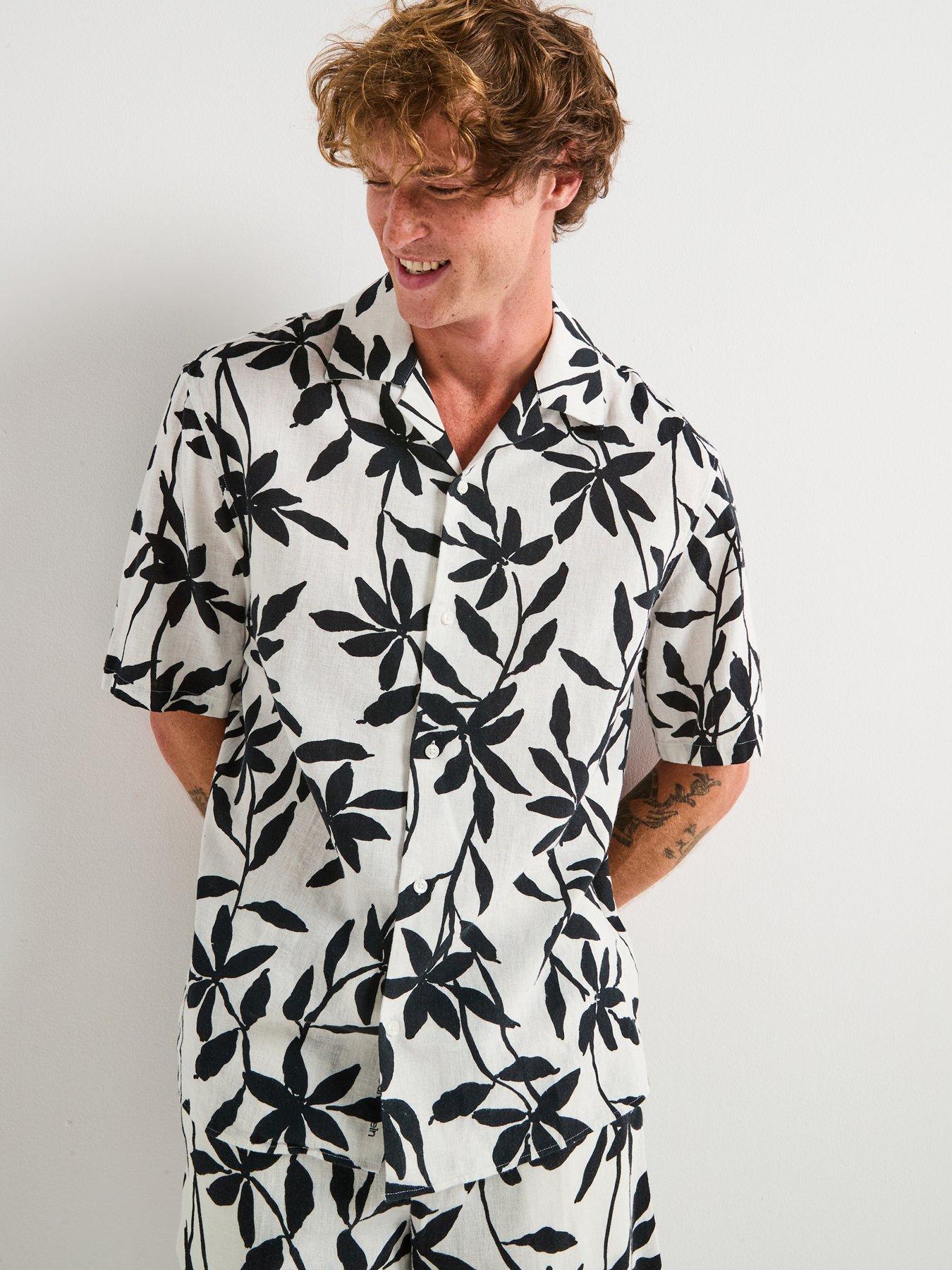 Calvin Klein Revere Collar Printed Linen Short Sleeve Shirt - White