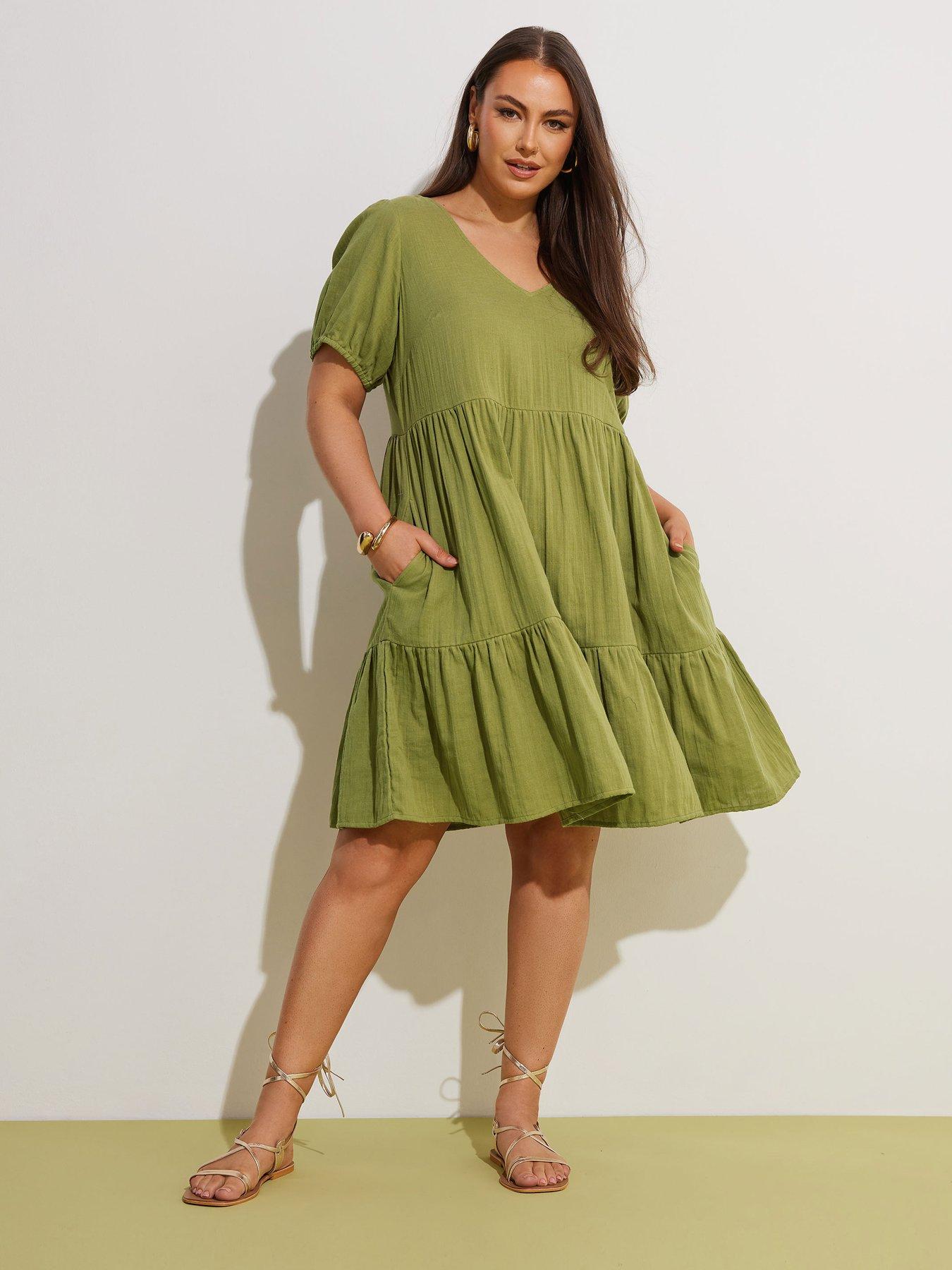 undefined Curve Cheese Cloth Smock Mini Dress - Green