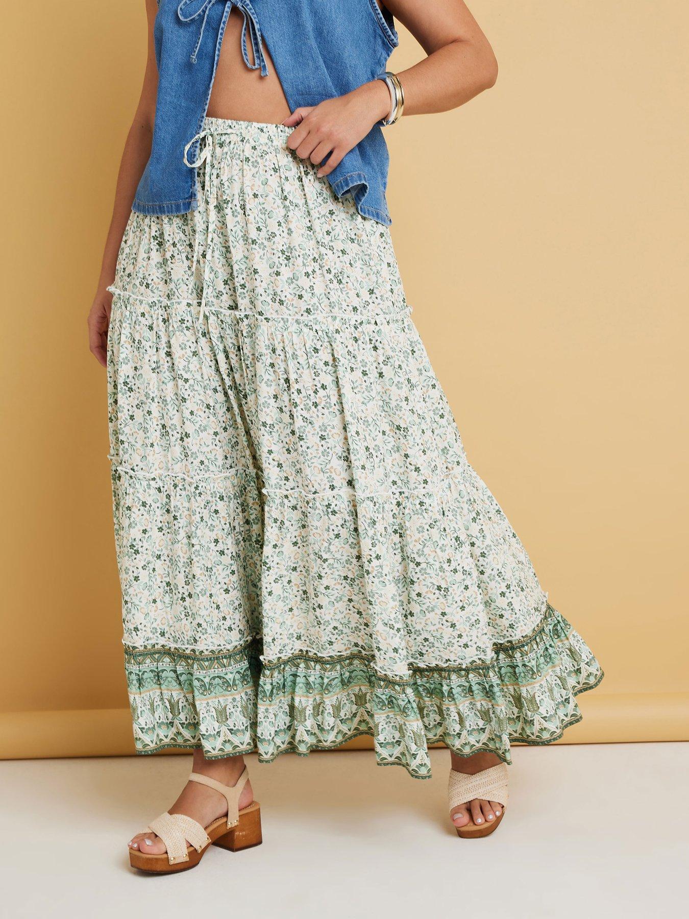 undefined Curve Tiered Gypsy Skirt - Green