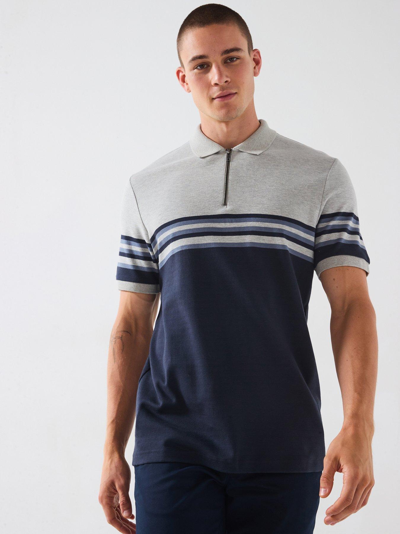 very-man-pure-cotton-colour-block-zip-neck-polo-blue