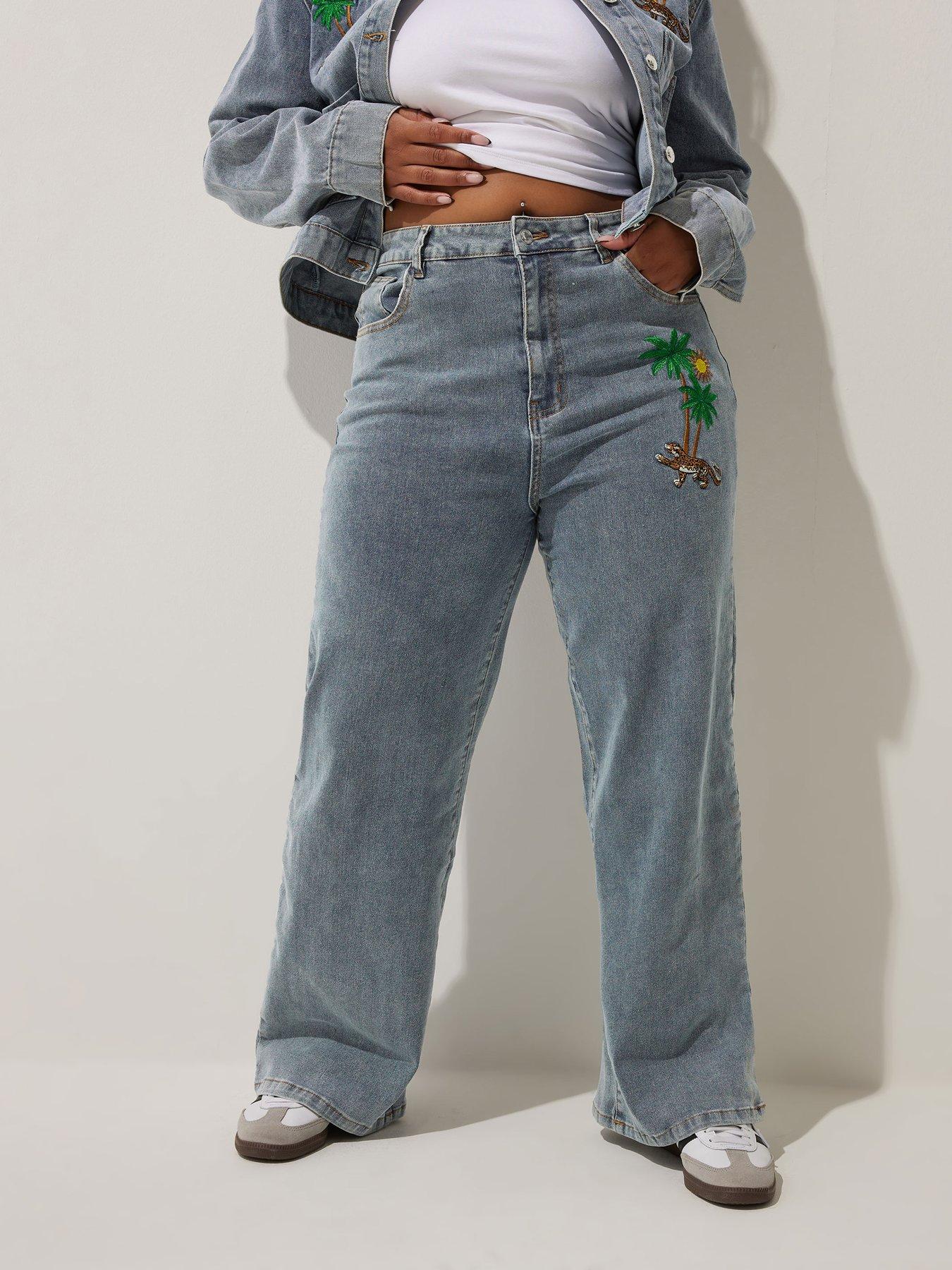 undefined Curve Palm Tree Embroidered Denim Jeans - Natural