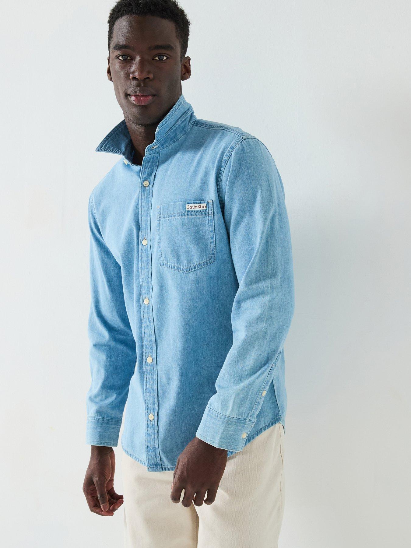 Image 1 of 6 of Calvin Klein Jeans Casual Classic Pocket Logo Denim Shirt - Light Wash