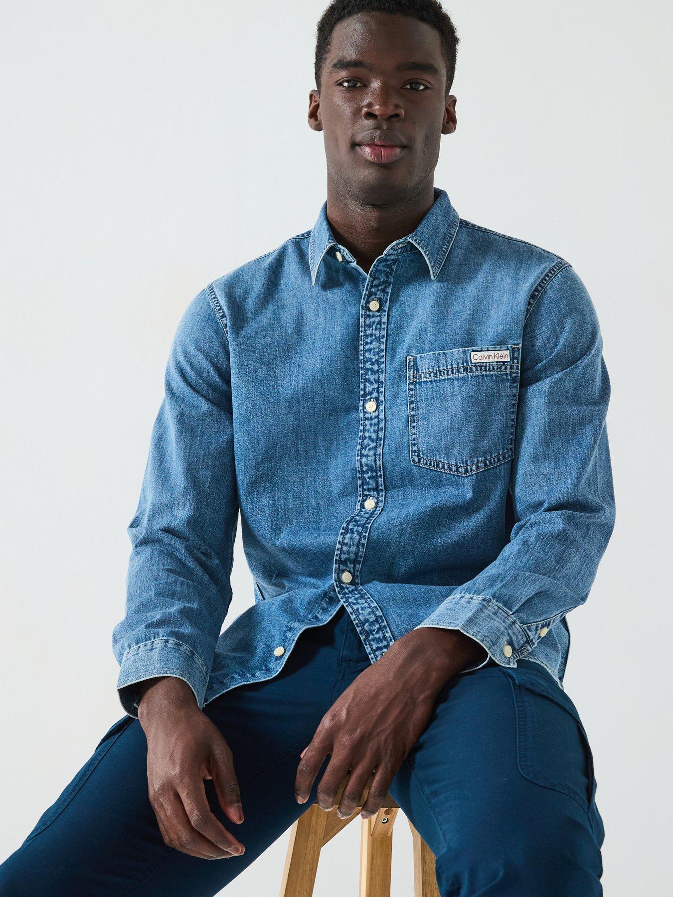 Image 4 of 6 of Calvin Klein Jeans Casual Classic Pocket Logo Denim Shirt - Mid Wash
