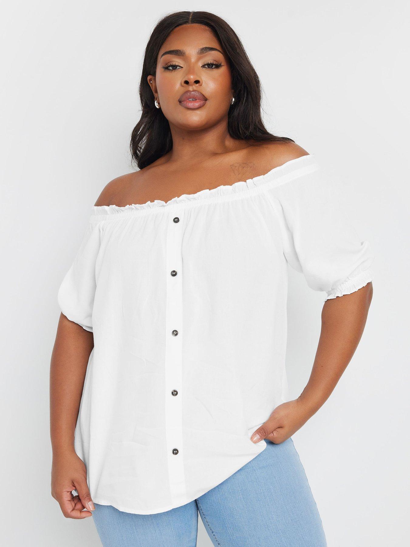 undefined Curve Chambray Button Bardot Top