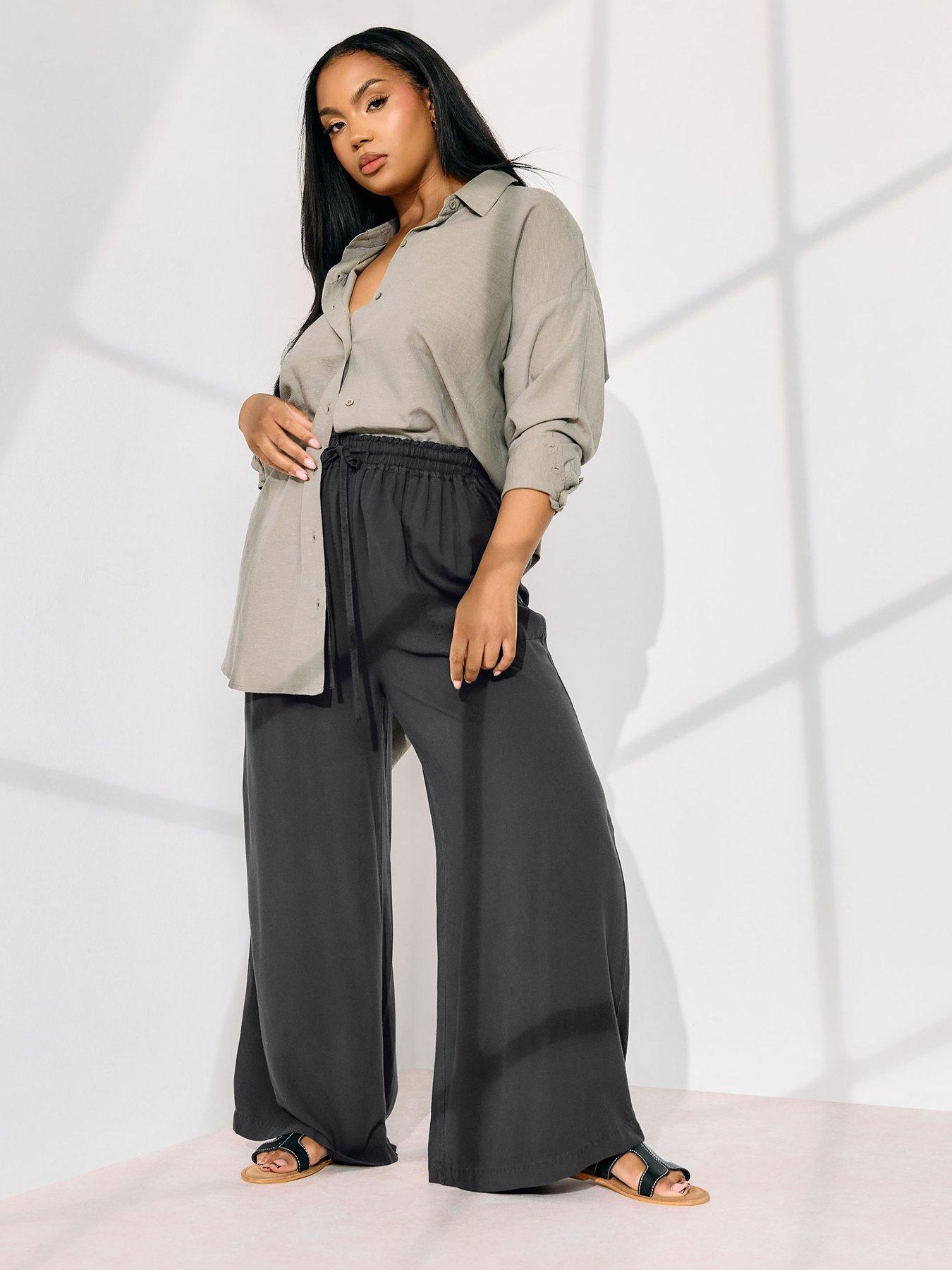 Image 3 of 4 of Yours Curve Chambray Pull On Wide Leg Trouser - Black