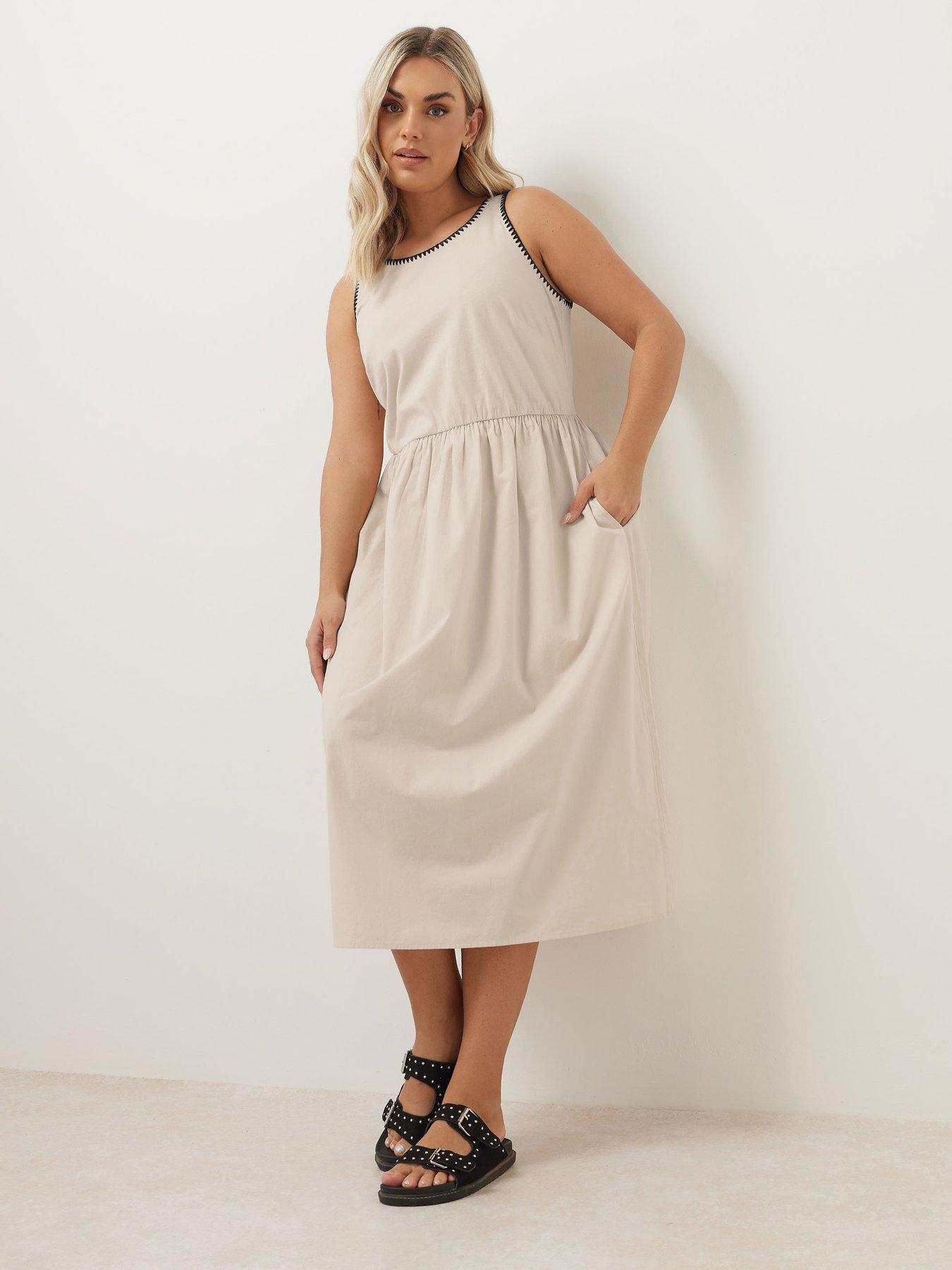 undefined Curve Poplin Blanket Stitch Dress - Natural