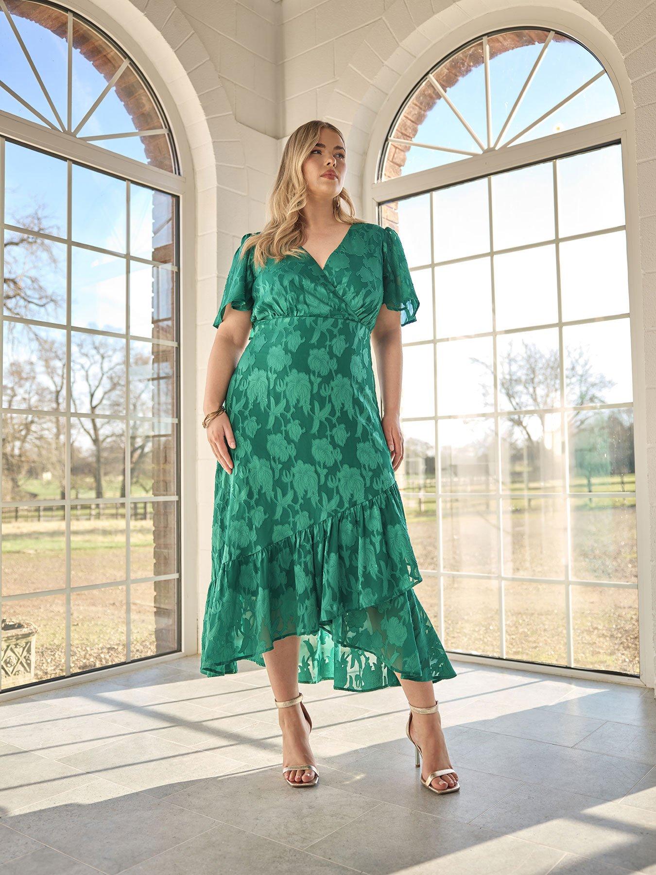 Image 1 of 4 of Yours Curve Floral Jacquard Wrap Dress - Green
