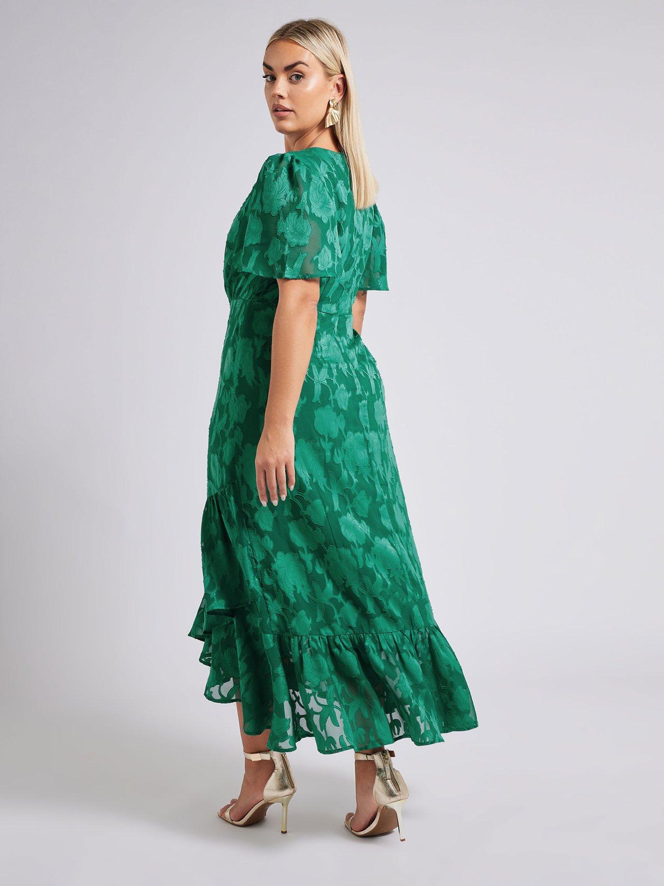 Image 2 of 4 of Yours Curve Floral Jacquard Wrap Dress - Green