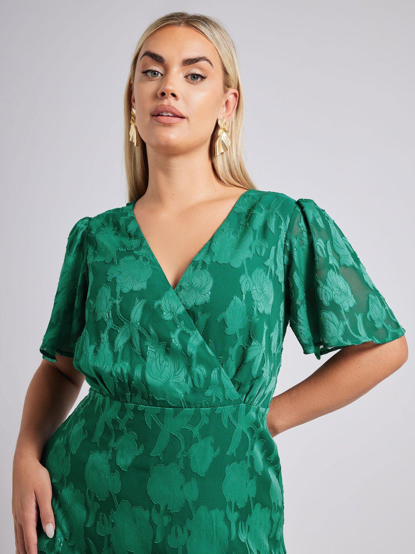 Image 4 of 4 of Yours Curve Floral Jacquard Wrap Dress - Green