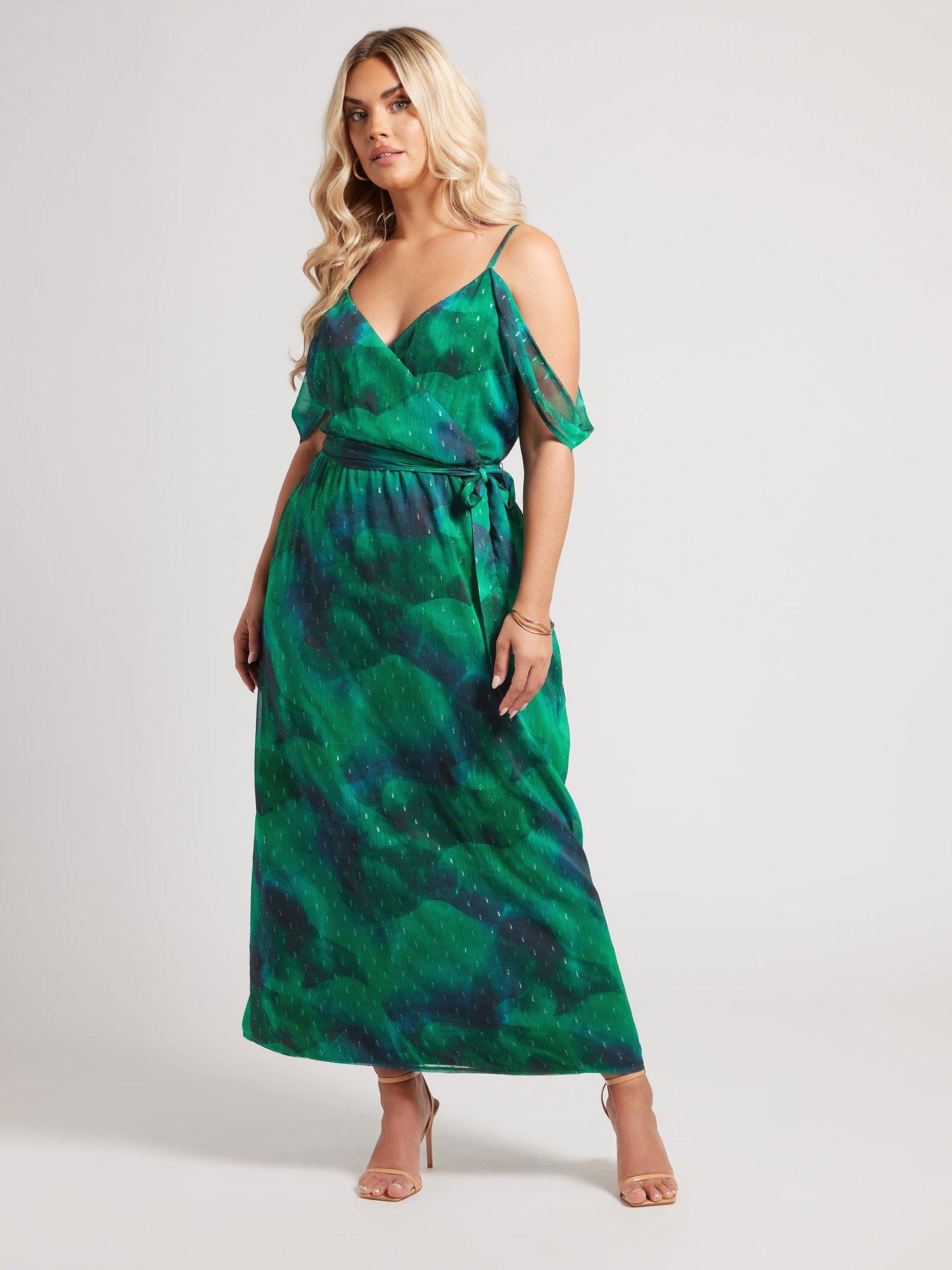  image of yours-curve-abstract-print-metallic-cold-shoulder-dress-green