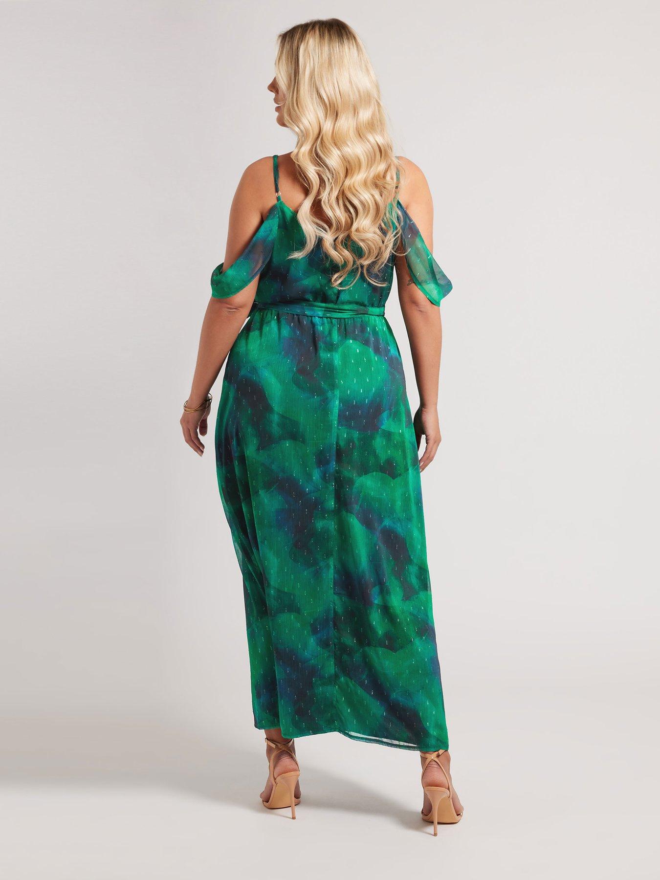  image of yours-curve-abstract-print-metallic-cold-shoulder-dress-green