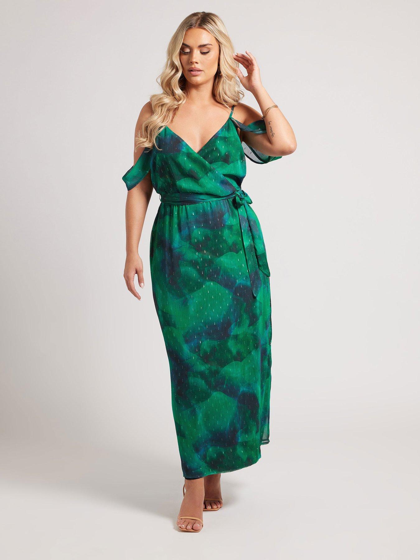  image of yours-curve-abstract-print-metallic-cold-shoulder-dress-green