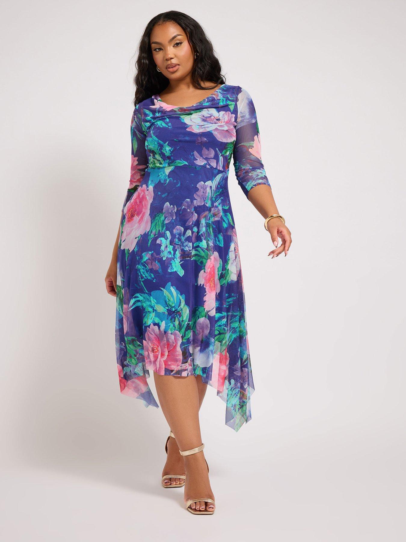 undefined Curve Floral Mesh Cowl Neck Hanky Hem Dress
