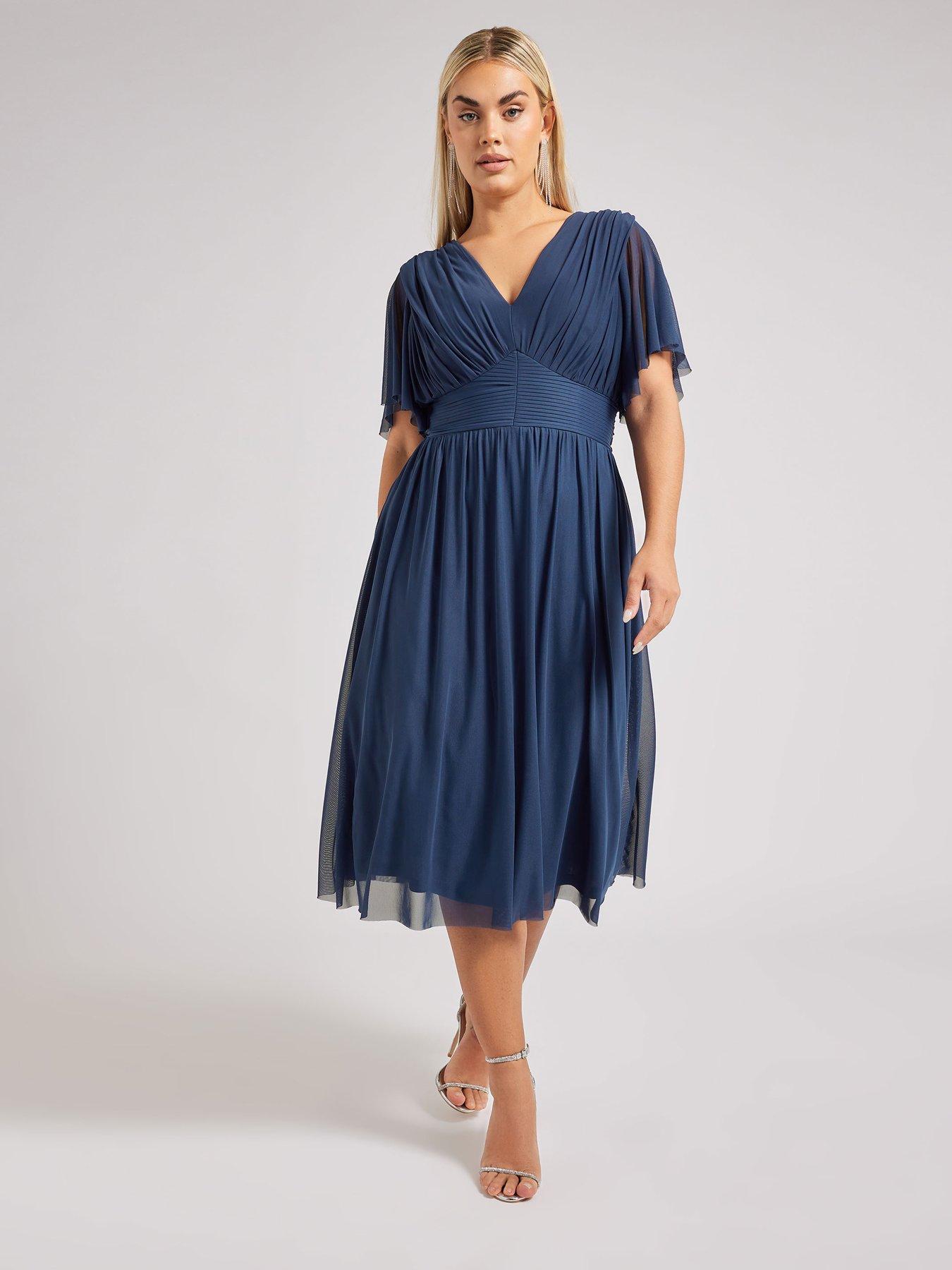 undefined Curve Pleated Gathered V Neck Dress - Blue