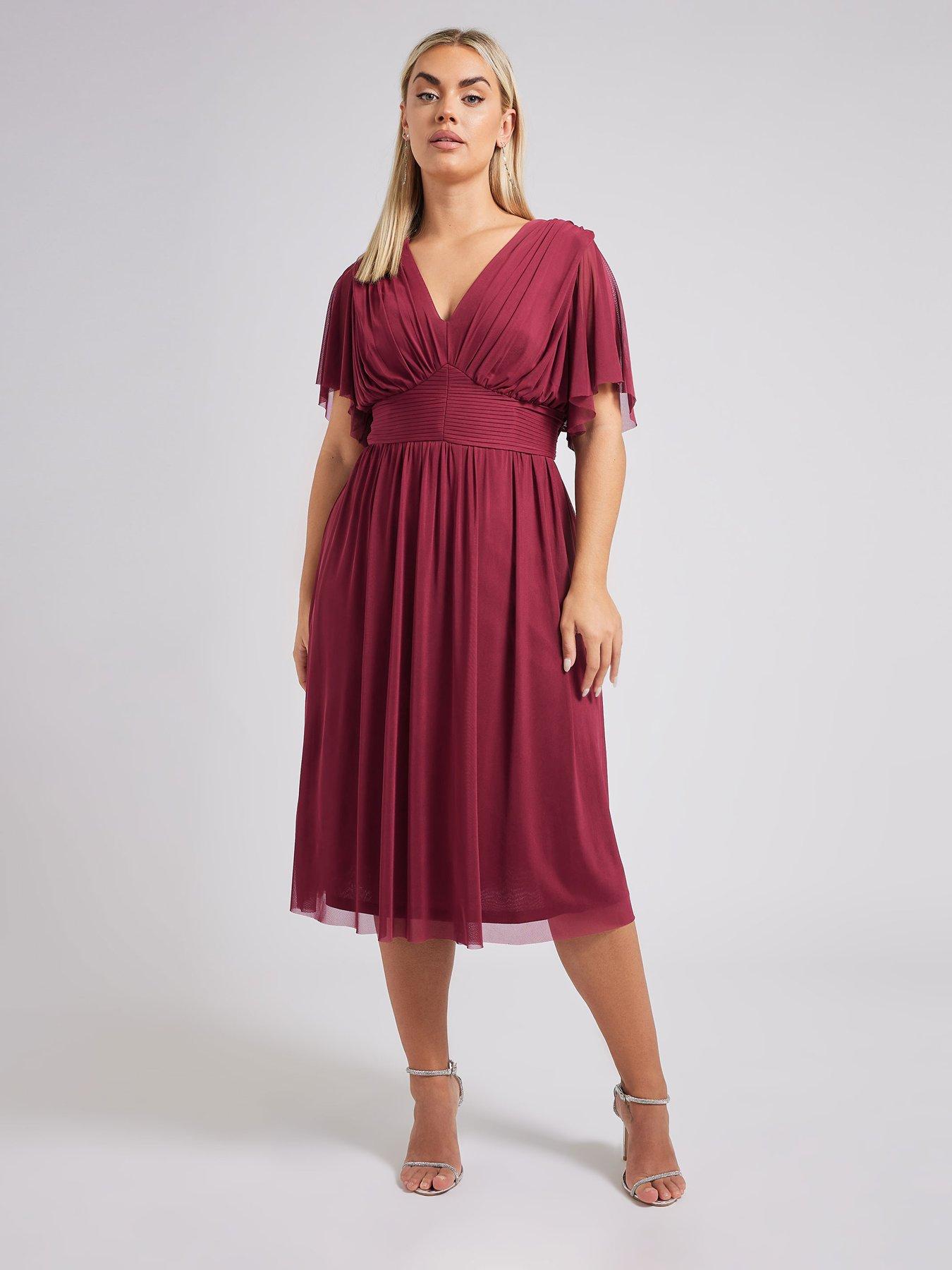 Image 1 of 4 of Yours Curve Pleated Gathered V Neck Dress - Red