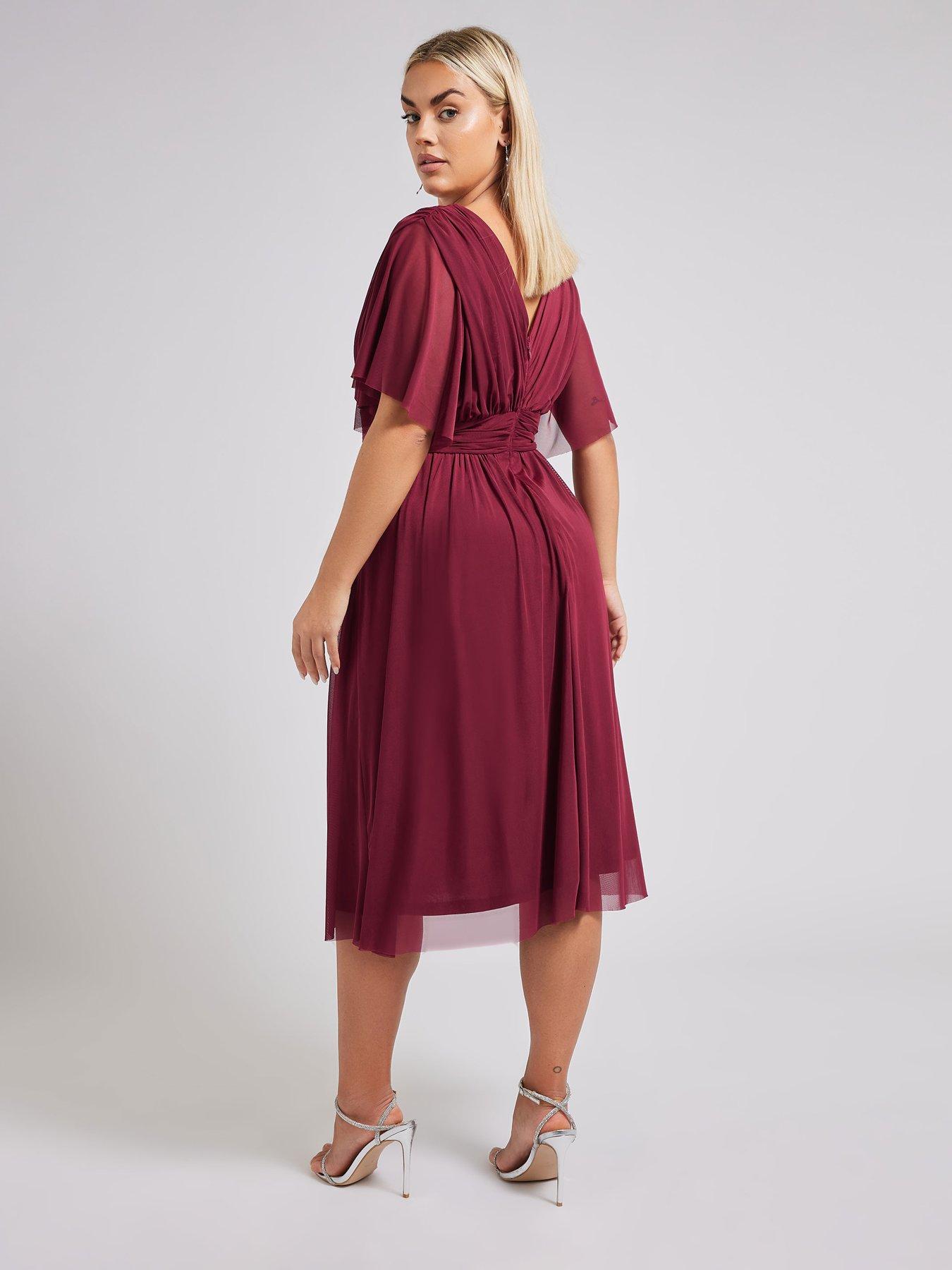 Image 2 of 4 of Yours Curve Pleated Gathered V Neck Dress - Red
