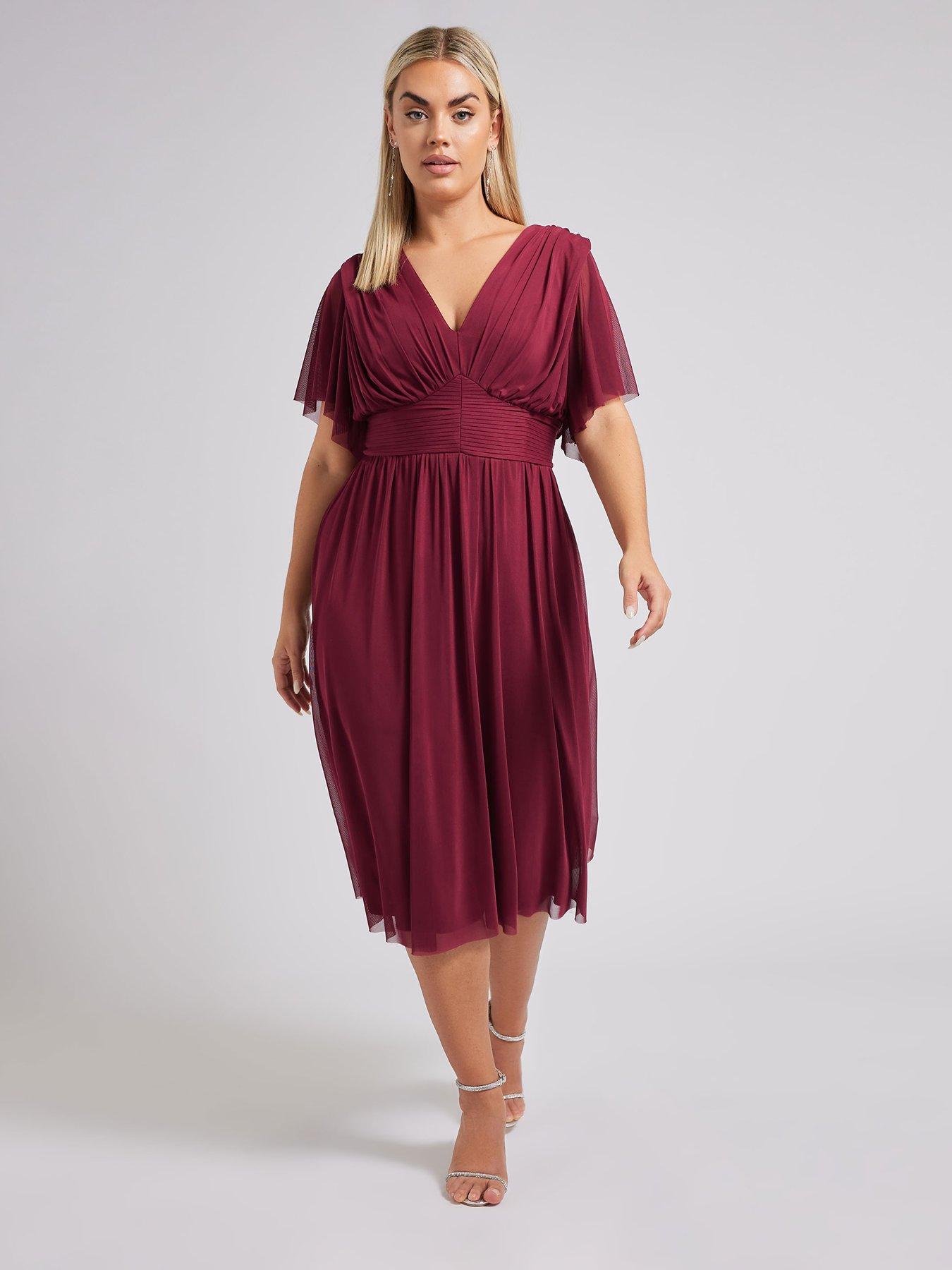 Image 3 of 4 of Yours Curve Pleated Gathered V Neck Dress - Red