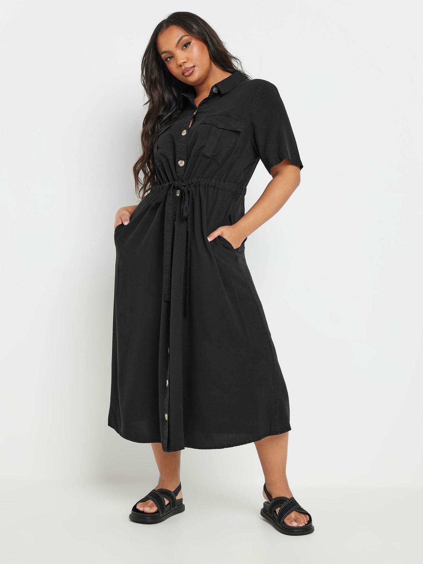 undefined Curve Short Sleeve Cord Shirt Dress - Black