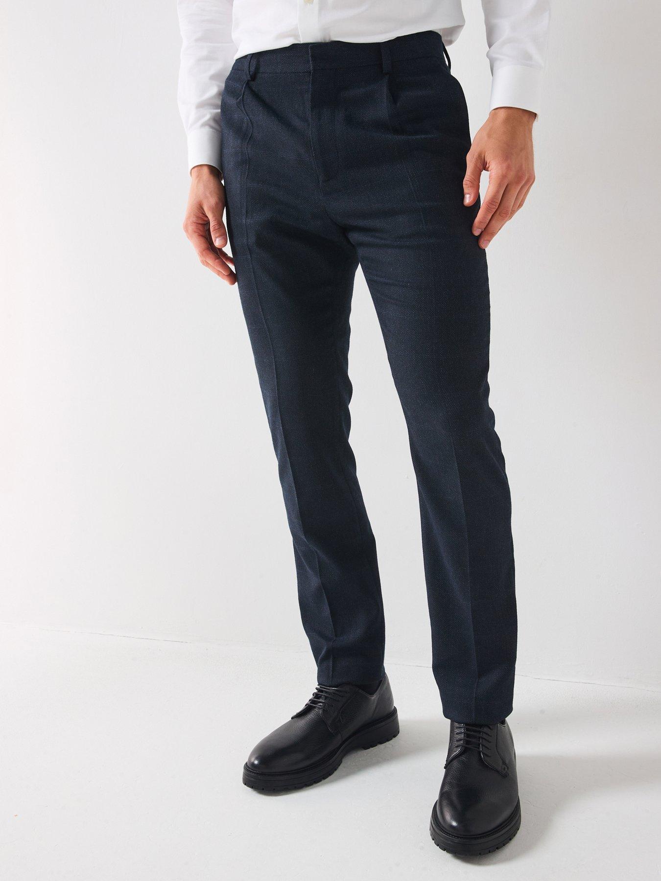 undefined Tapered Fit Textured Windowpane Check Pleated Formal Trouser - Navy