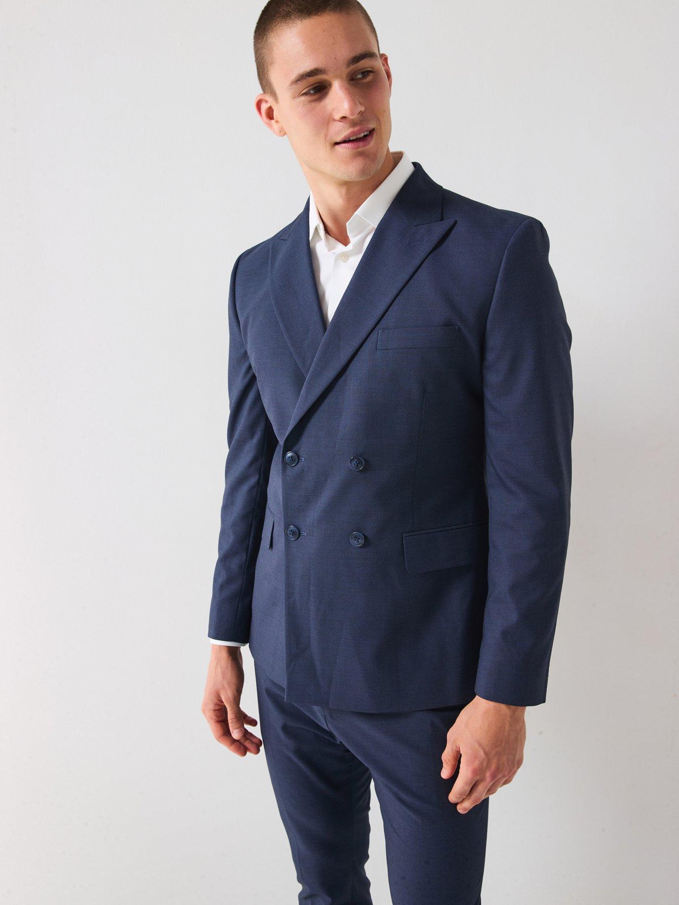 undefined Slim Fit Micro Dogtooth Peak Lapel Double Breasted Suit Jacket - Navy