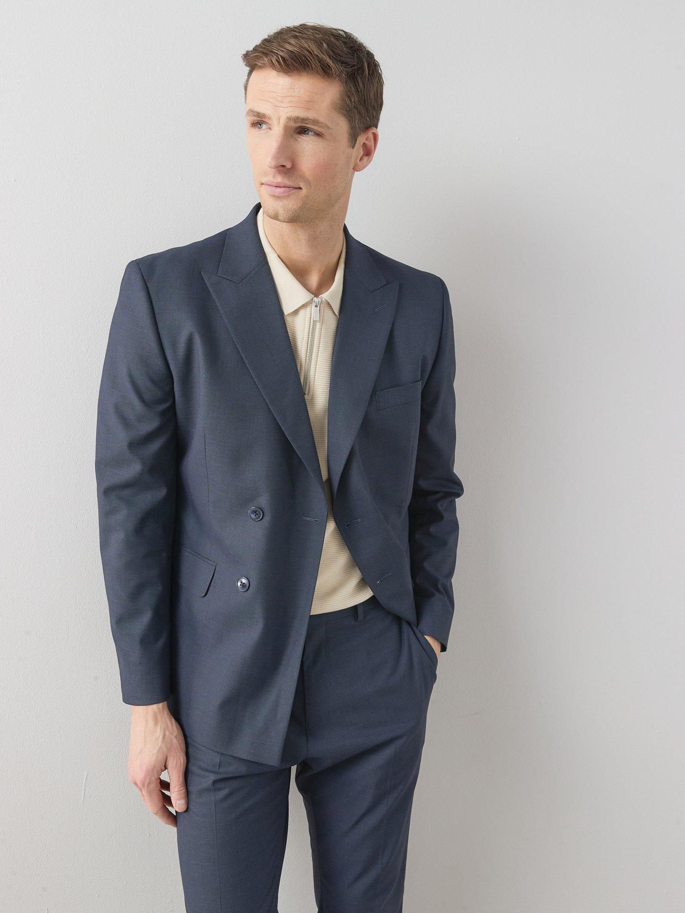 Very Man Slim Fit Micro Dogtooth Peak Lapel Double Breasted Suit Jacket - Navy
