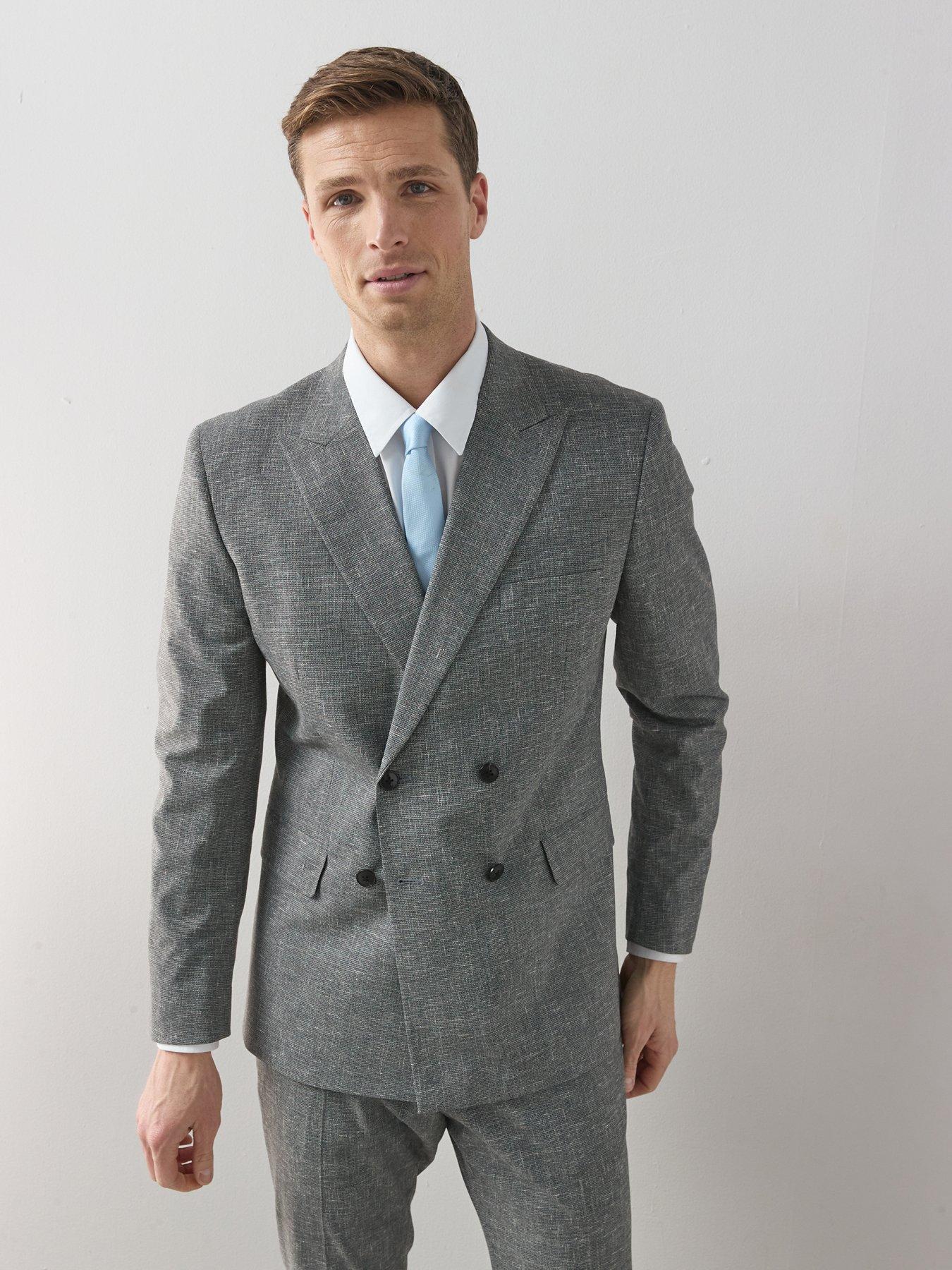 Very Man Slim Fit Peak Lapel Double Breasted Textured Suit Jacket - Grey