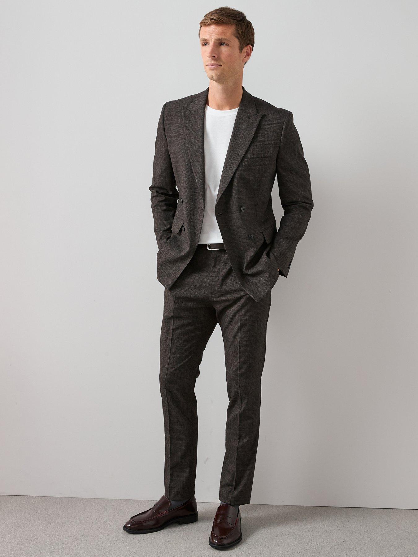 Image 3 of 6 of The Very Collection Slim Fit Peak Lapel Double Breasted Textured Suit Jacket - Brown