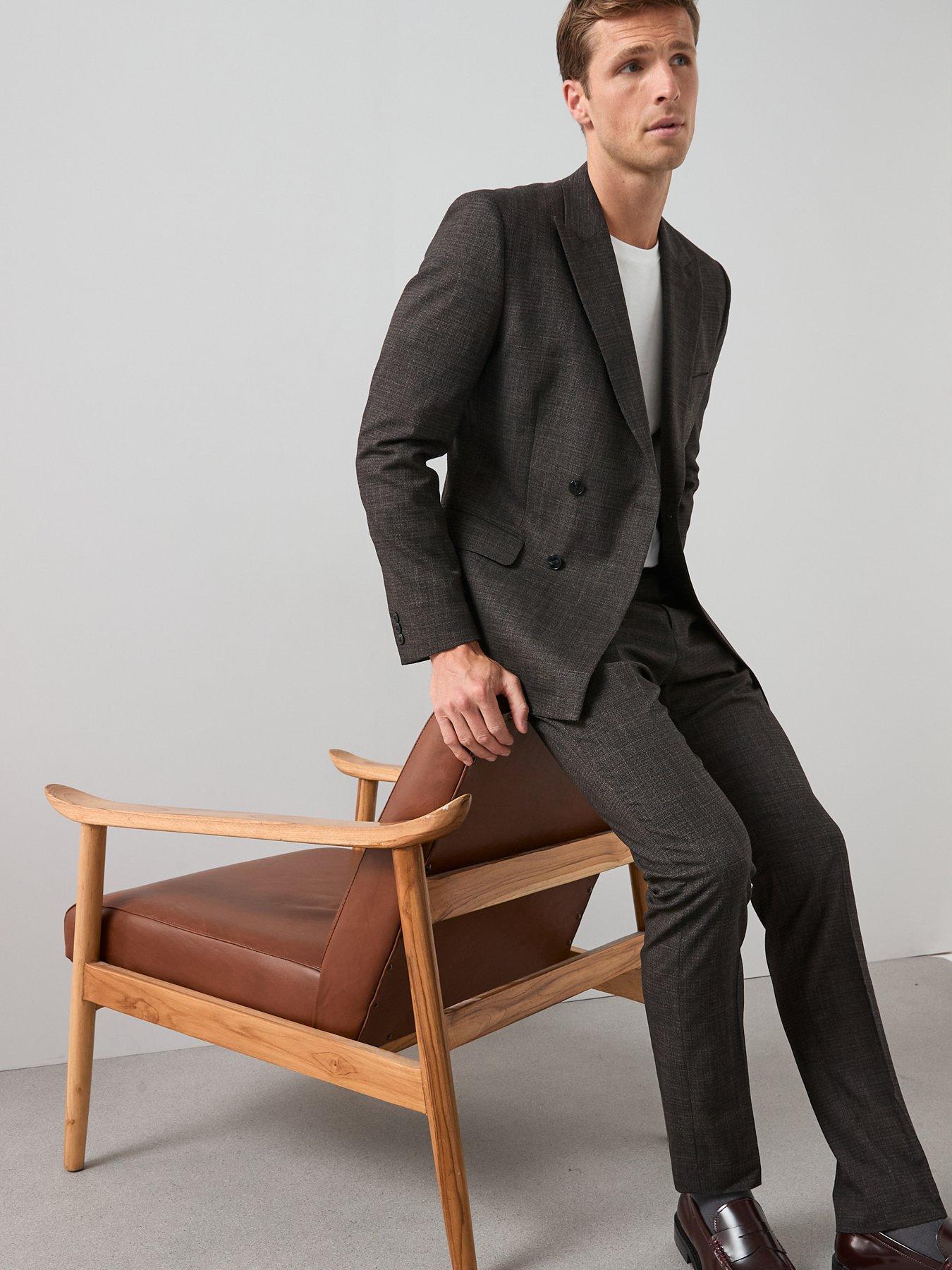 Image 4 of 6 of The Very Collection Slim Fit Peak Lapel Double Breasted Textured Suit Jacket - Brown