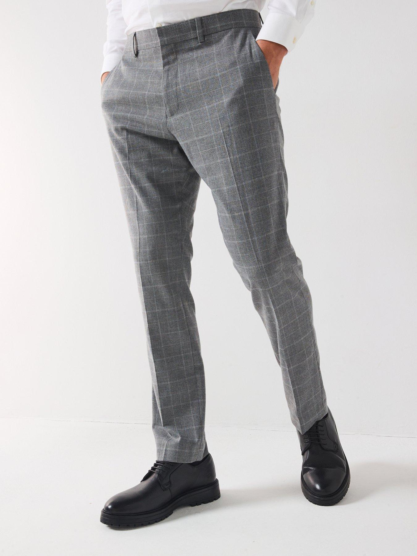 undefined Slim Fit Windowpane Check Formal Trousers - Light Grey