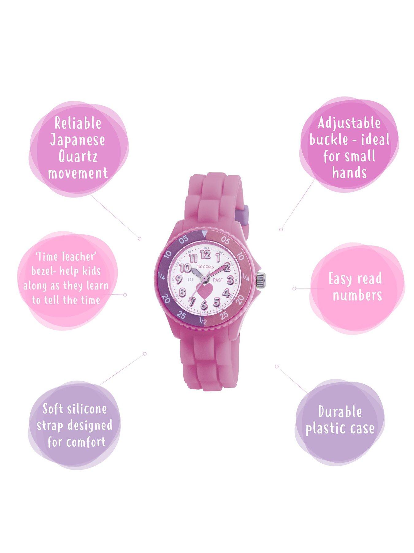 image of tikkers-girls-pink-silicone-strap-heart-time-teacher-watch