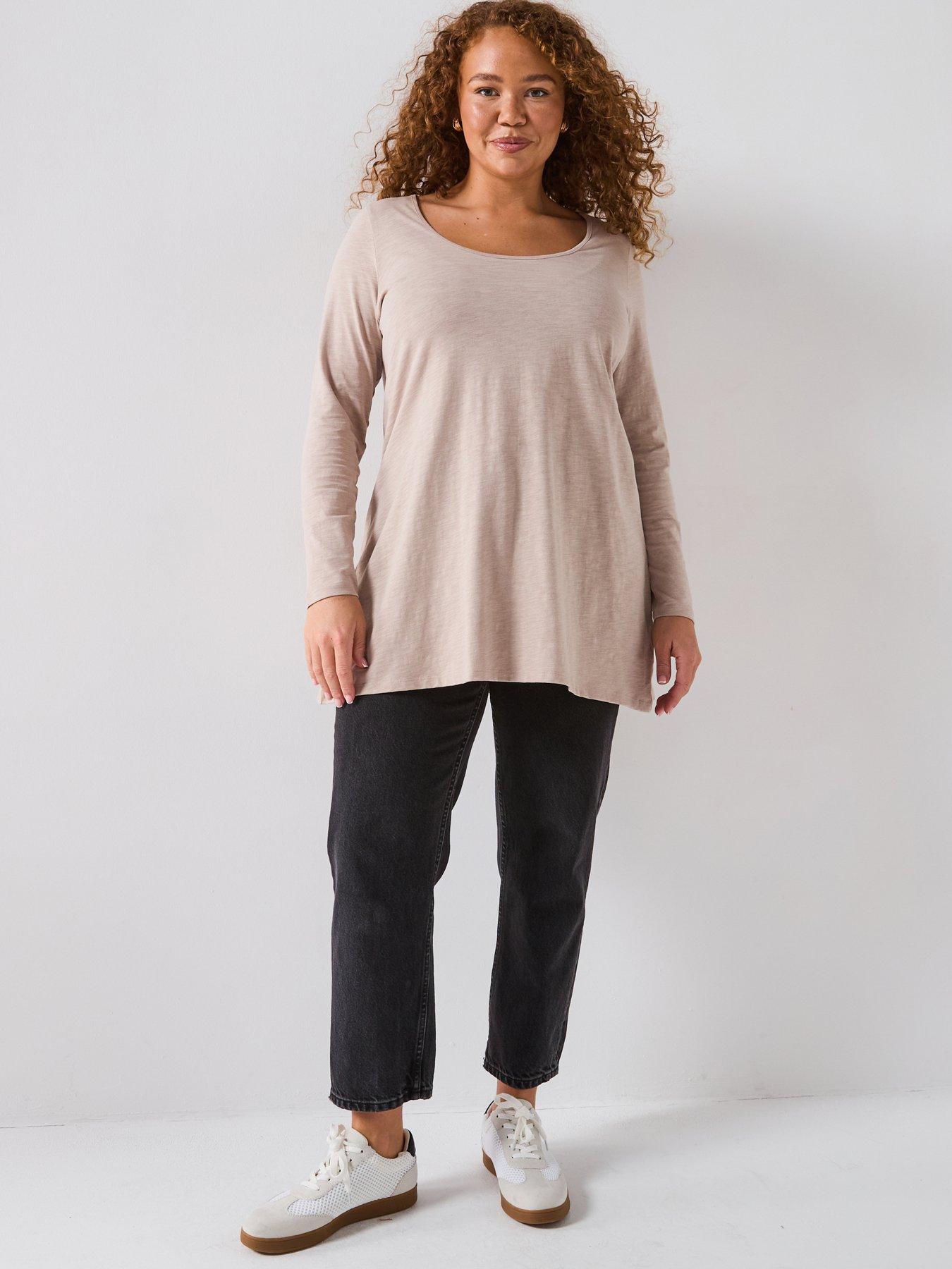 undefined Scoop Neck Long Sleeve Top - Beige
